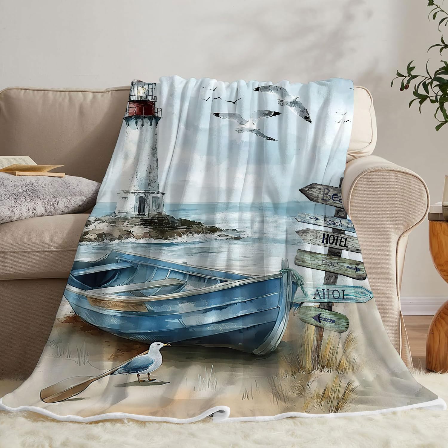 Nautical Coastal Throw Blankets, Ocean Beach Lighthouse Flannel Warm Soft Cozy Fluffy Bed Couch Blanket, Blue Teal Seasides Sailboat Fleece Throws to Decorate The Room Bedroom 50 x 60 - Image 4