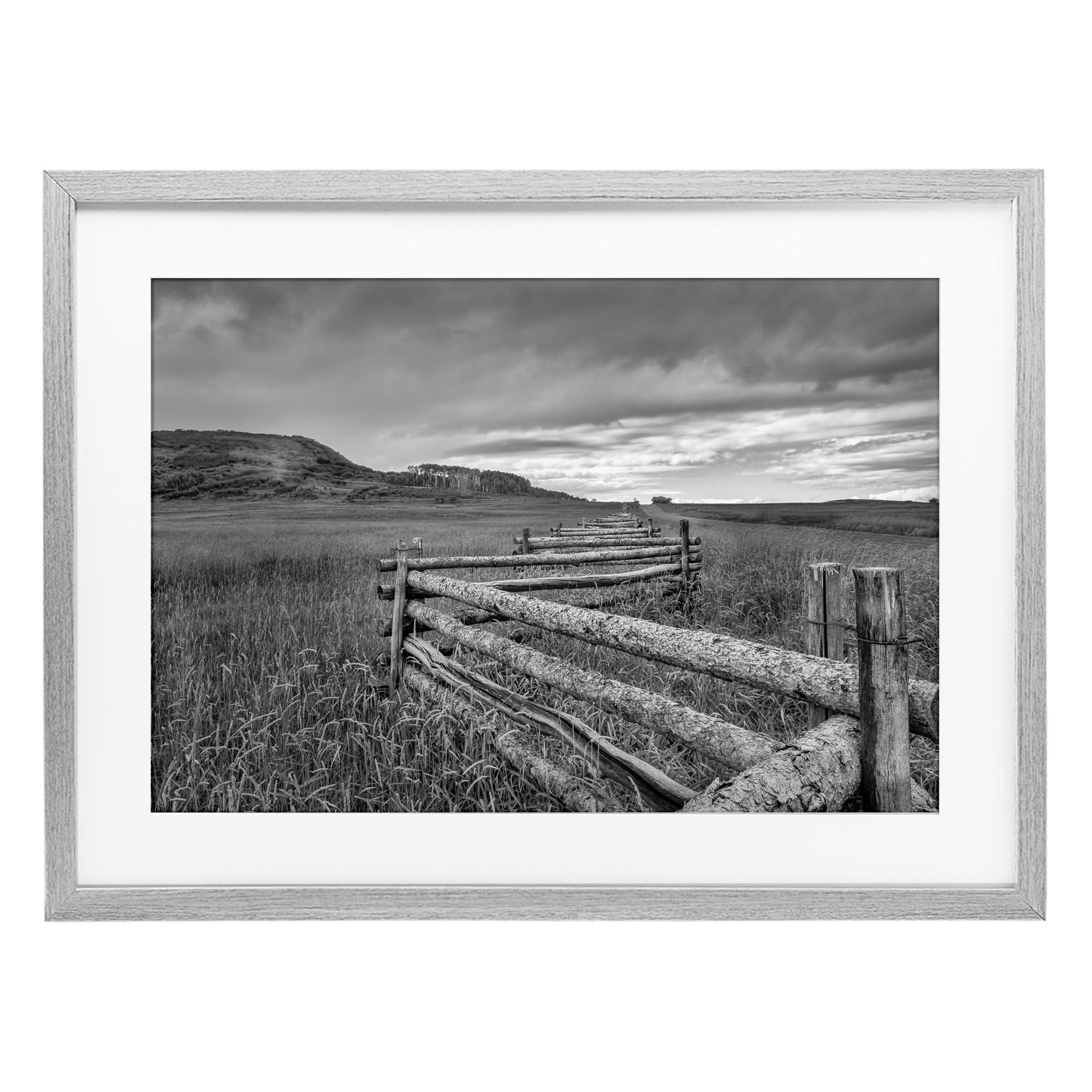 Stupell Industries Weathered Fence and Distant Horizon, Greyscale Rural Landscape Decor for Living Room, 14 x 20 Inch Framed Matted Print Under Glass, by Jon Evan, Made in USA Gift