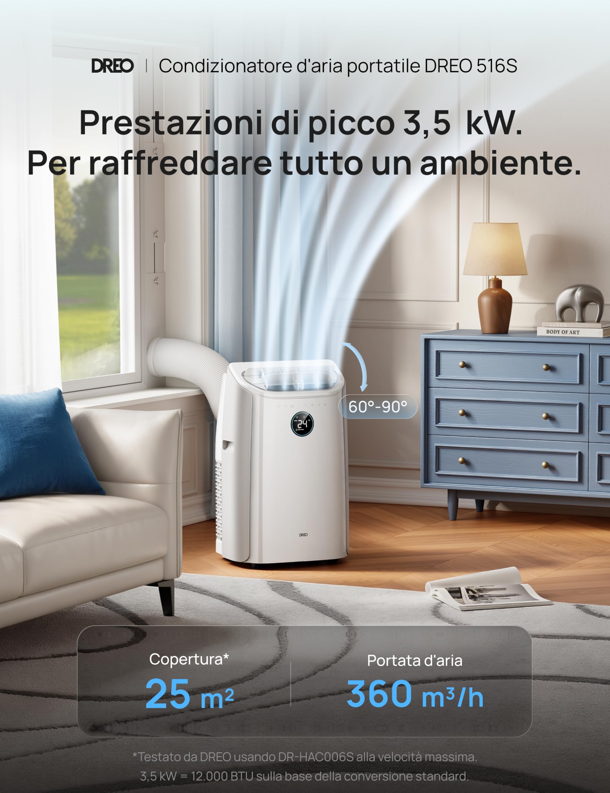 DREO climatizzatore portatile 12000 BTU 3-in-1 raffreddamento/ventilazione/deumidificazione, silenzioso per camera e ufficio, controllo app e vocale, senza drenaggio, kit finestra, 3,2 L/h, AC516S