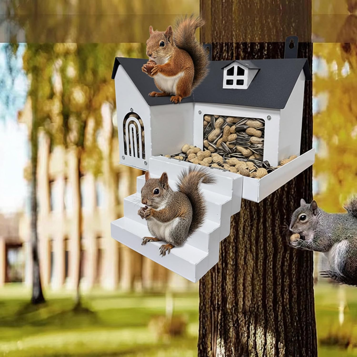 Squirrel Houses for Outside 9.4×7.3×6.4" Iron Squirrel Feeder with Clear Window & Step for Backyard Garden Outdoor House, Box, Nesting Box, Feeders, F
