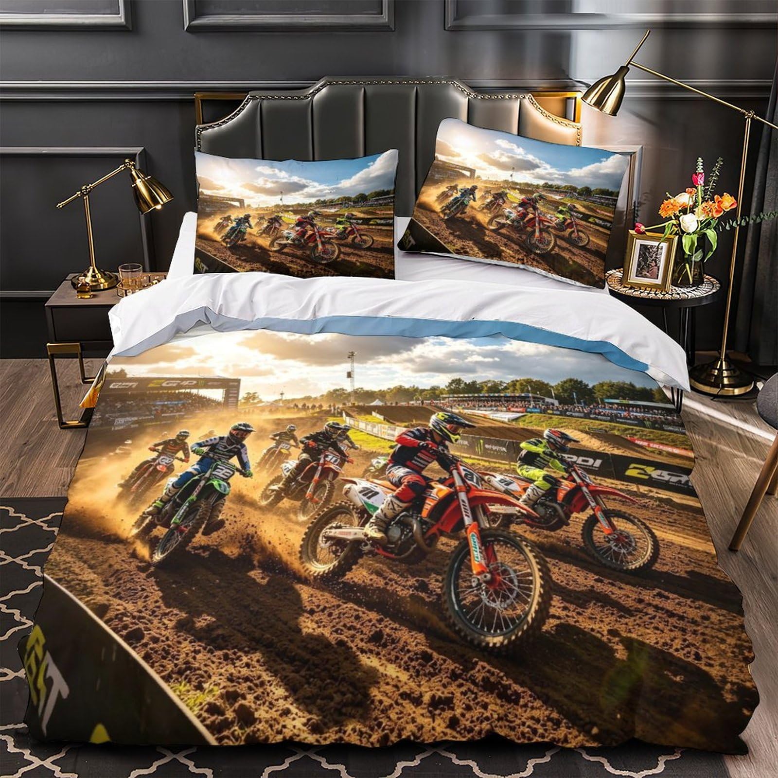 XiaopangXY Dirt Bike Duvet Cover Single（140x200cm）, Motorcycle Race Bedding Set Soft & Cozy Percale Weave, Motorcycle Race Comforter Cover with Zipper Closure for Boy & Girl & Adults