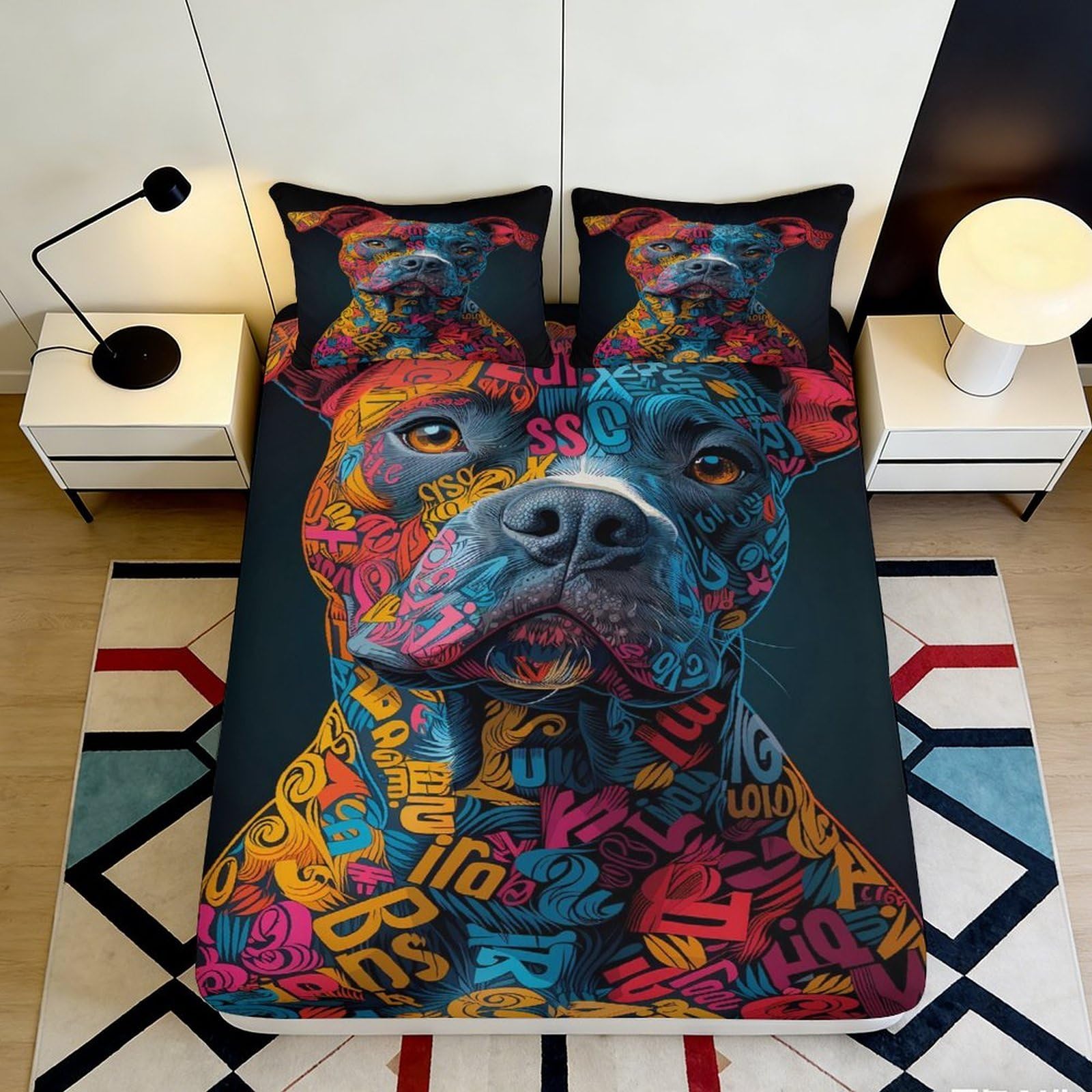 3D Printed Graffiti Dog Fitted Sheet Microfiber Deep Pocket Bedroom Bedding Non-Slip Graffiti Dog Mattress Fitted Cover Washable 200x200x25cm 90x200x25cm