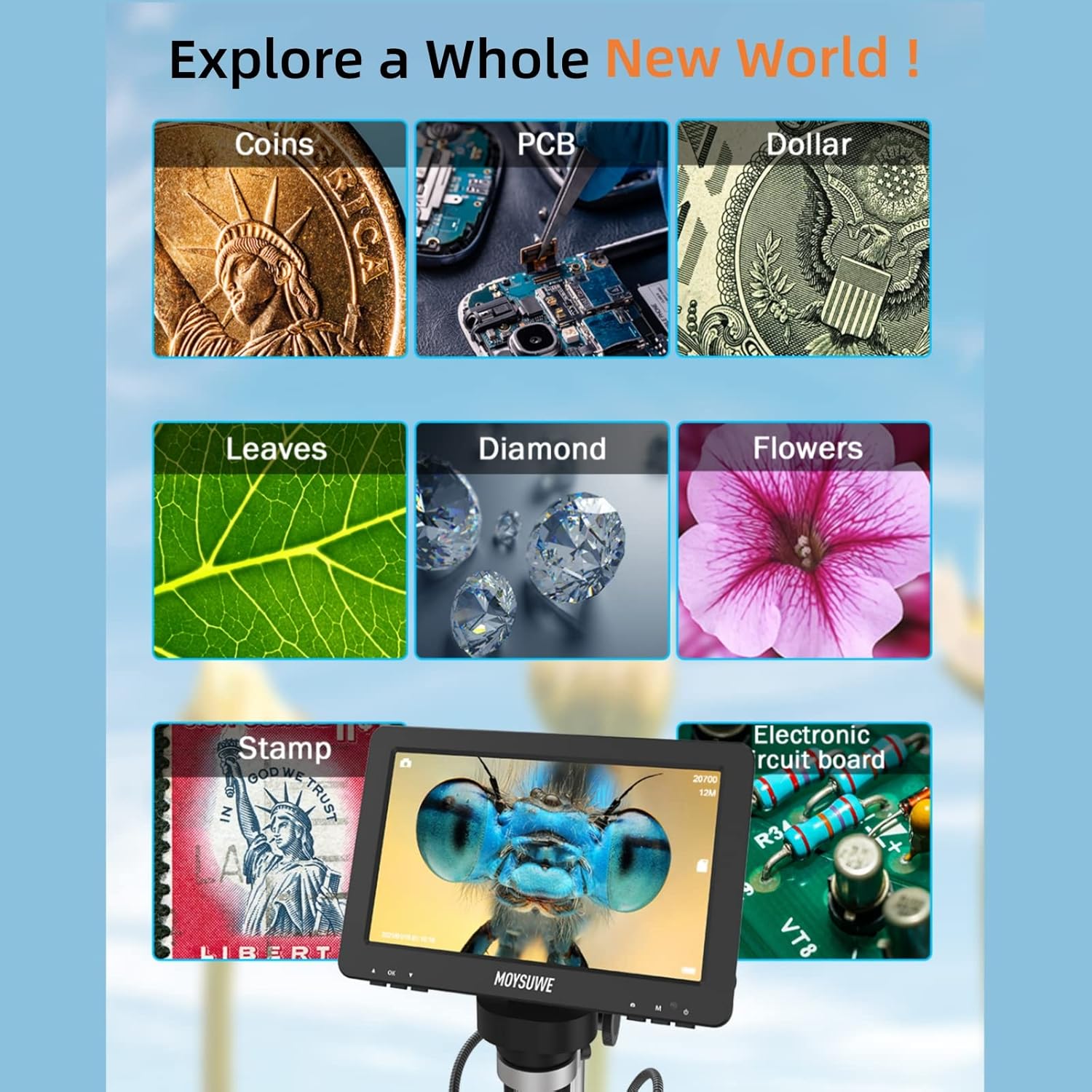 Collage of various objects viewed under the microscope: coins, PCB, dollar bill, leaves, diamond, flowers, stamp, insect