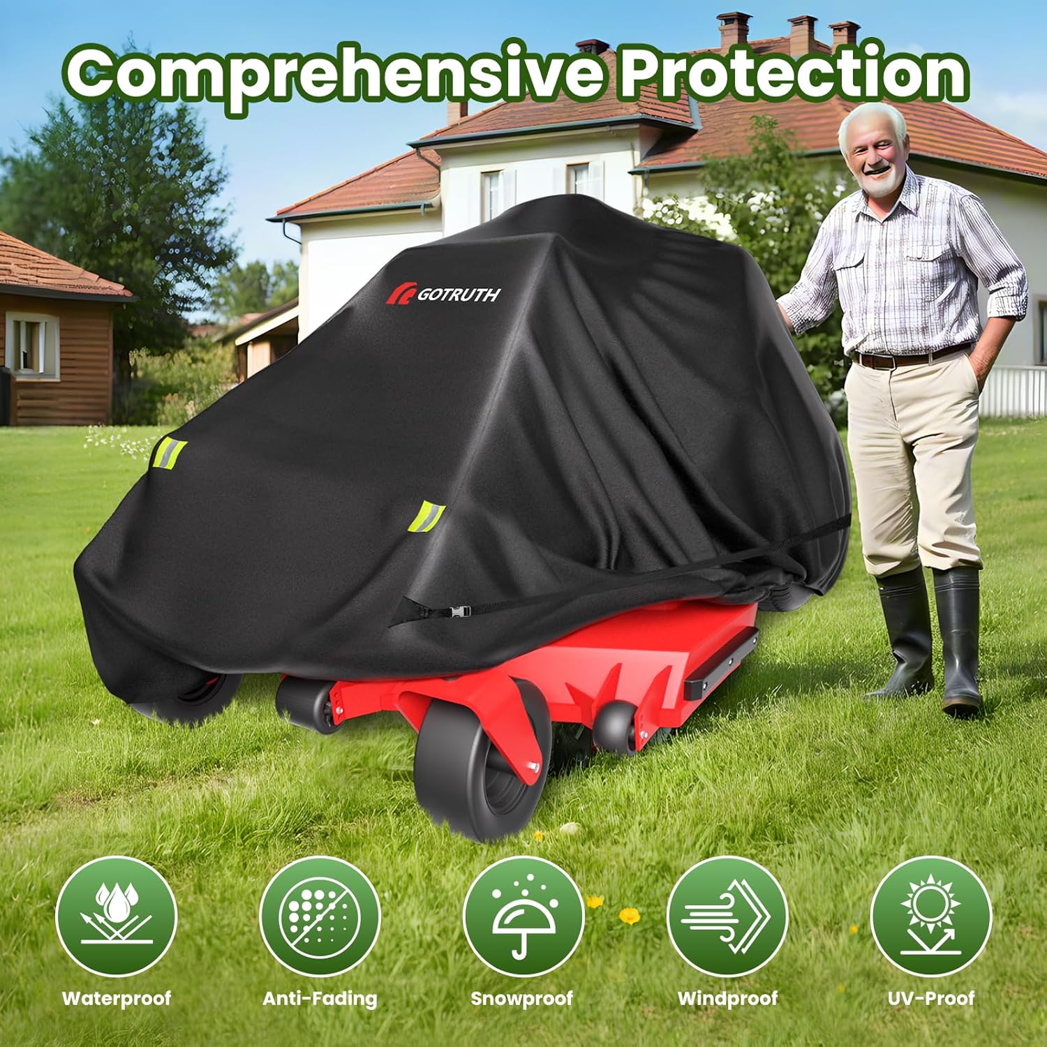 Lawn Mower Cover, Heavy 900D Oxford Fabric -Universal Fit Lawn Tractor Covers Waterproof, Anti-UV, Windproof, Dustproof, Suitable for Lawn Mower Storage (Black - Zero Turn Mower)