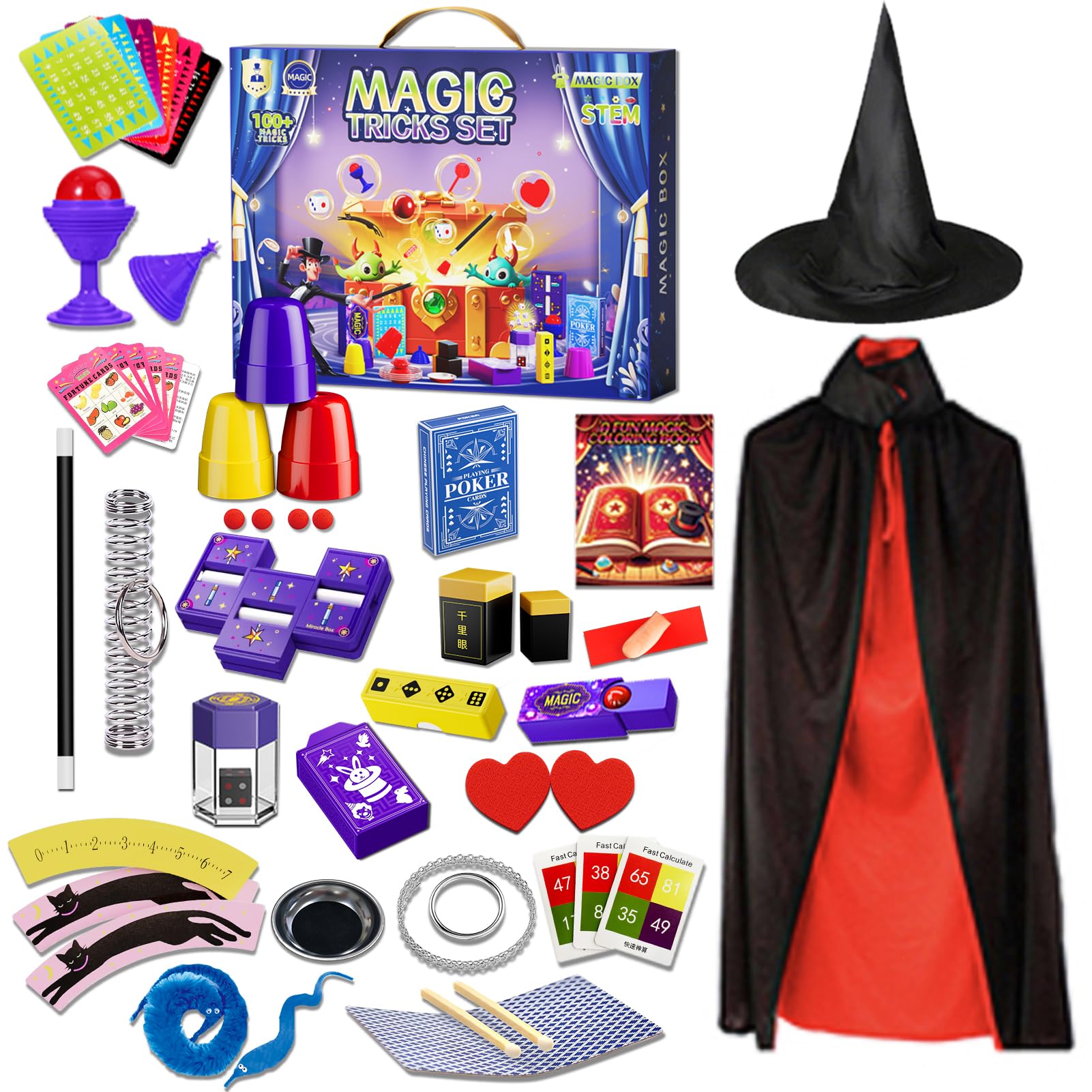 luluckck Magic Tricks Kit, 100+ Magic Tricks for Kids Age 6 7 8 9 10 11 12, Magician Costume for Pretend Play with Magic Props & Instruction for Beginners, Christmas Halloween Birthday Gifts for Kids