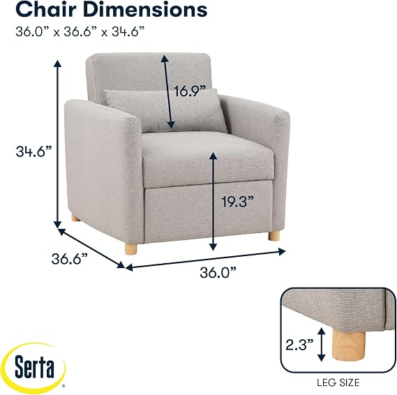 Serta Corwin 36 Convertible Accent Chair, Dreamcoil Comfort, FingerGuard Pinch Point Protection, Woven Polyester Fabric, Light Gray