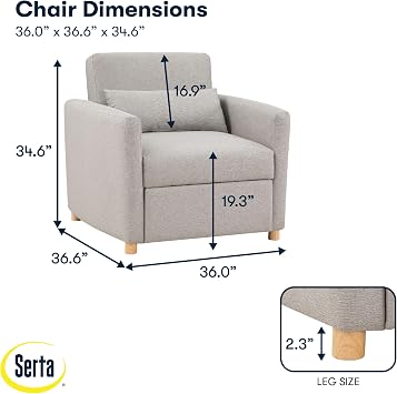 Serta Corwin 36 Convertible Accent Chair, Dreamcoil Comfort, FingerGuard Pinch Point Protection, Woven Polyester Fabric, Light Gray