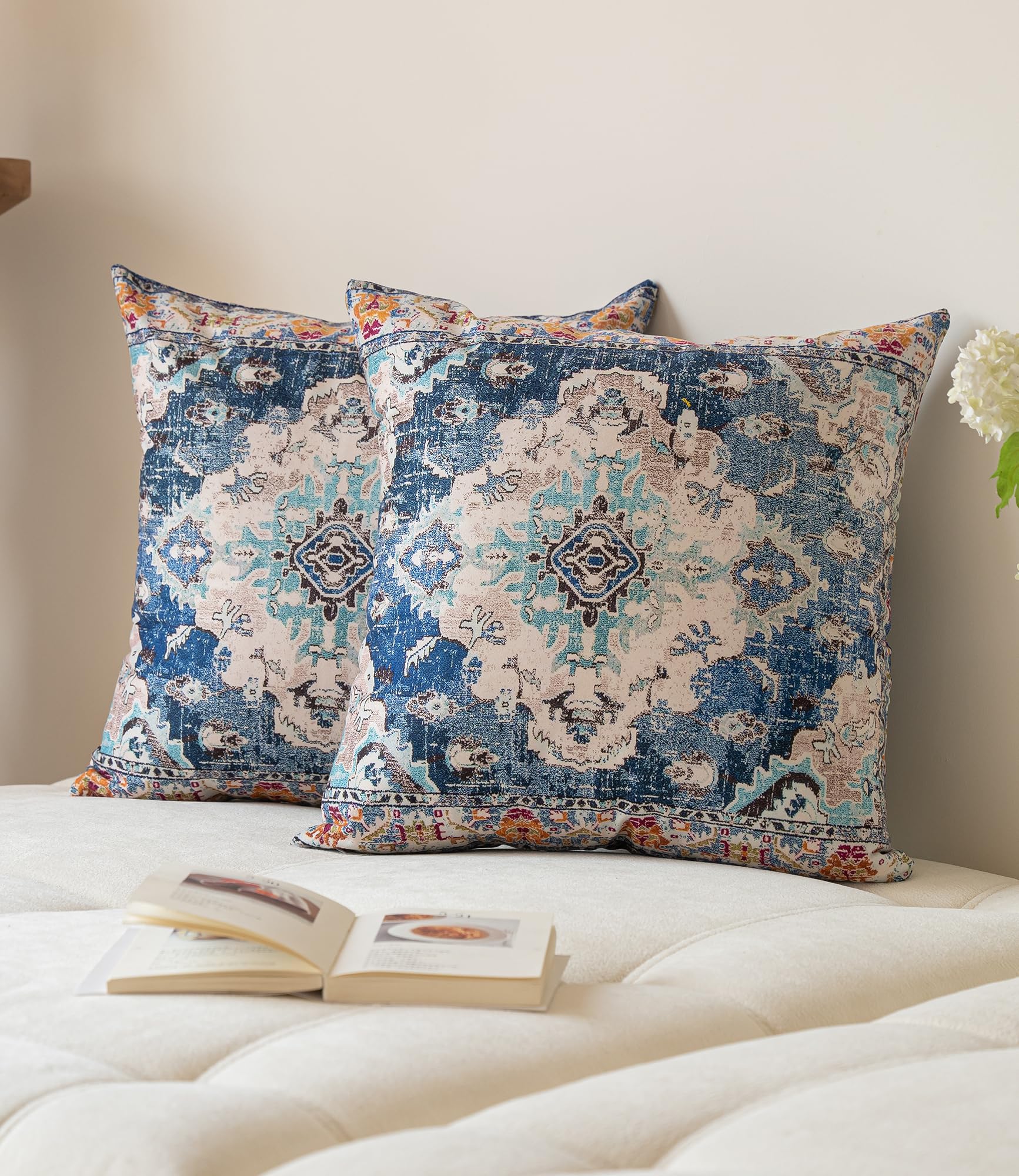 Vorysum Set of 2 Bohemian Style Cushion Covers 45x45 cm Retro Floral Mandala Compass Medallion Decorative Square Throw Pillow Covers 18x18 Inch Sofa Pillowcase for Bed Living Room Couch Decor (Blue)
