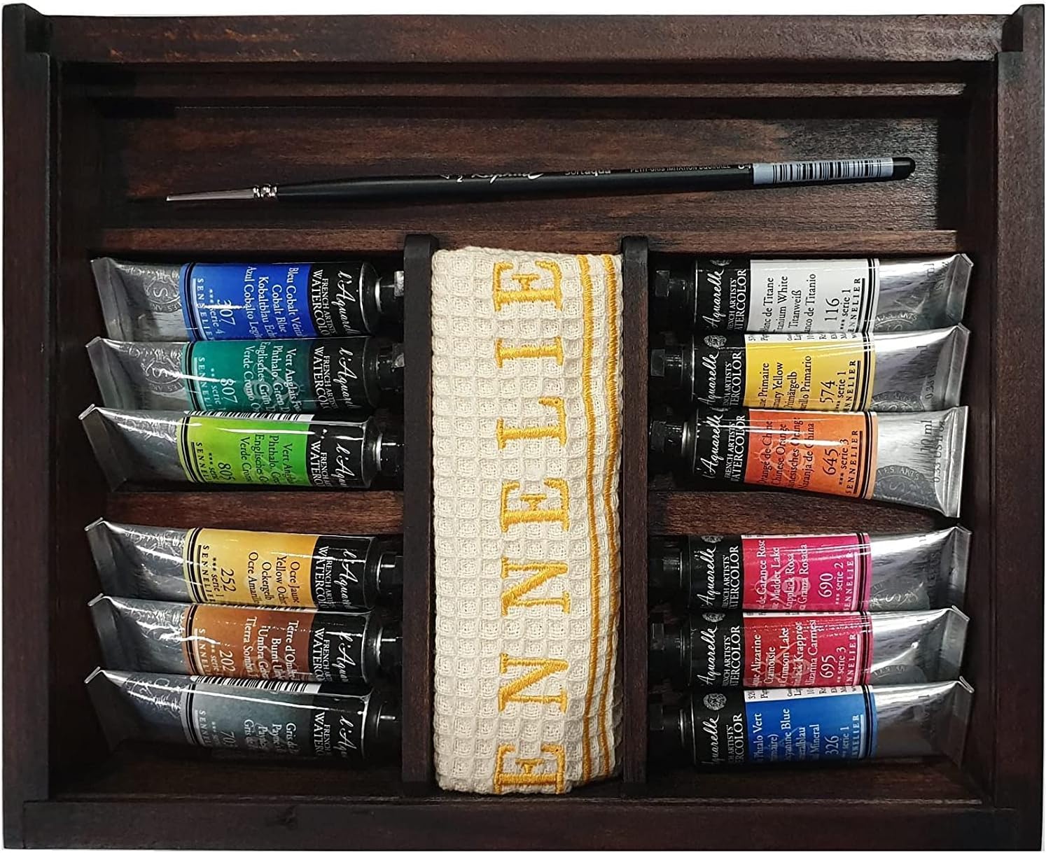 Sennelier Aquarelowe pudełko farby. Zestaw z drewna akwarelowego Extra Fine 12 tubek 10ml i pocztówki