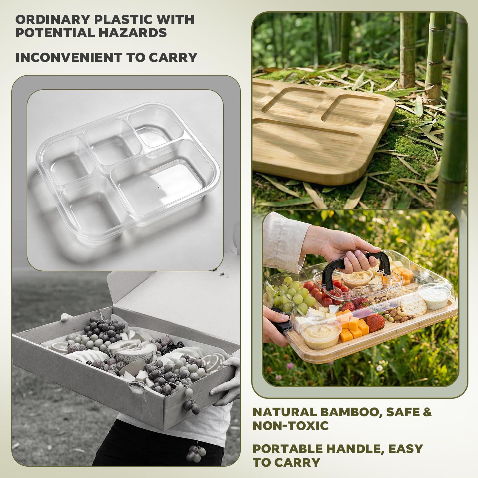 Deska do serów z bambusa Charcuterie Board z pokrywką – Przenośne deskowanie z 6 przegródkami, drewniana deska z dzbankiem do sera z PET, deska do serwowania serów, wędlin i przekąsek – Idealna