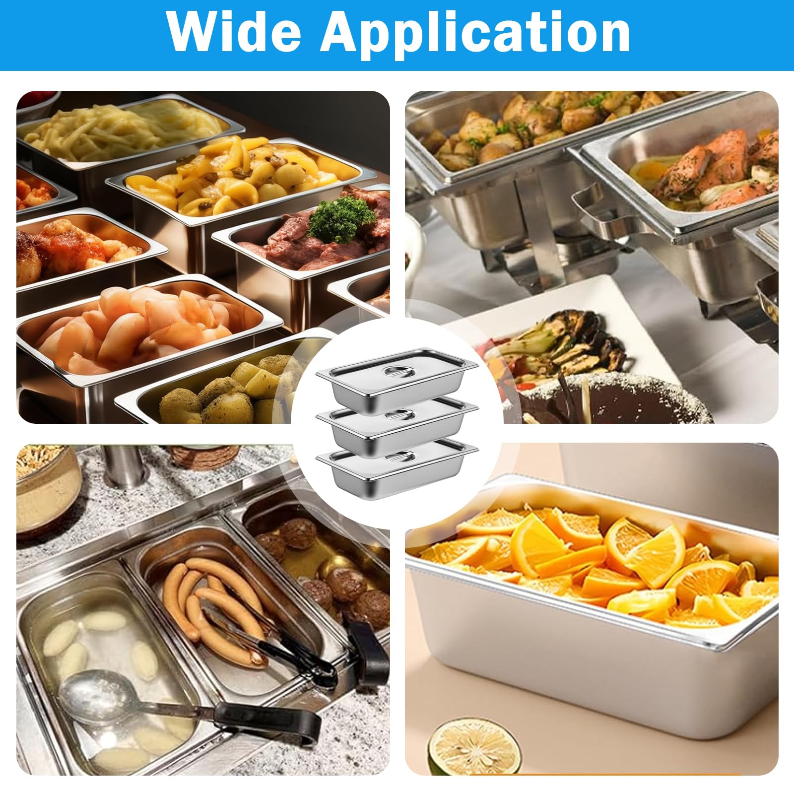 Set de bandejas para empanar 3 piezas, 32,5 x 17,5 x 6,5 cm, acero inoxidable GN 1/3, recipiente Gastronorm con tapa, bandeja de metal rectangular para rebozado, set de empanado para chuletas
