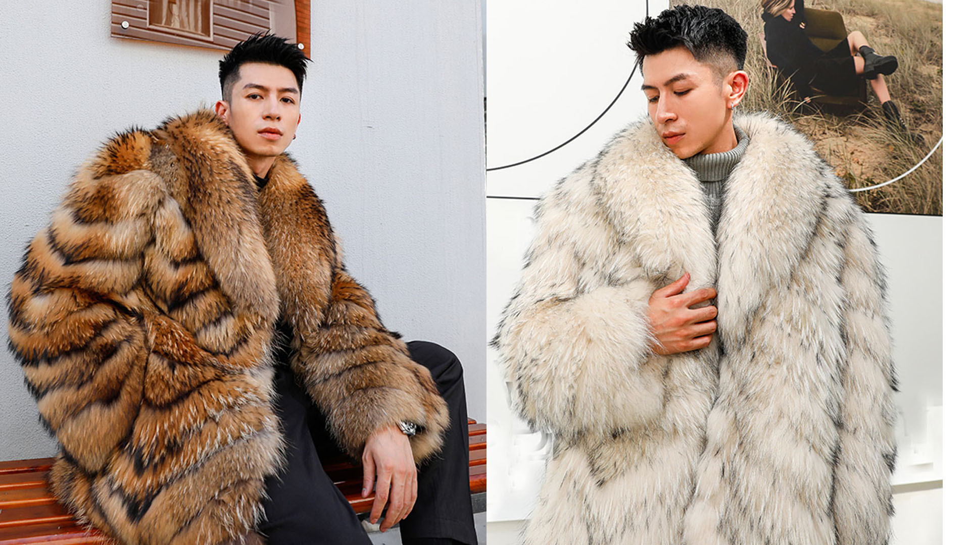 Denny&Dora Men's Brown Raccoon Fur Trench Coat Mid-Length Style