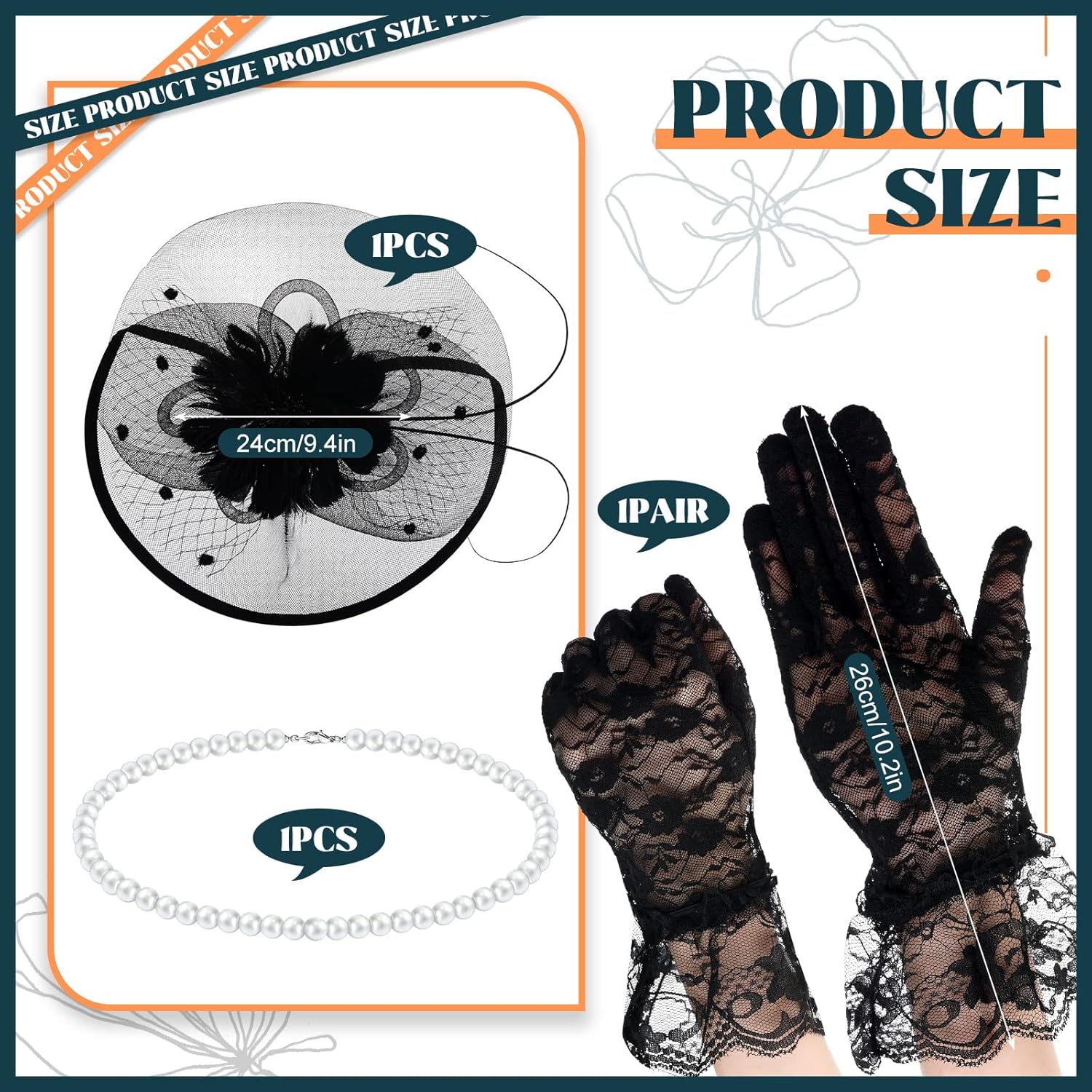 3 Pieces Fascinators Hats for Women Tea Party Hat Feathers Veil Mesh Hat Lace Gloves Pearl Choker Necklace Set for Wedding (Black) - Image 2