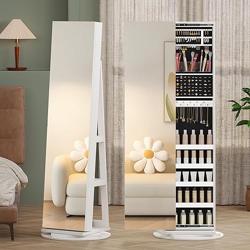 Miniatura 8 de LVSOMT - Armario de joyería giratorio de 360 con espejo de cuerpo completo organizador de joyas de gran capacidad espejo de pie con cerradura con