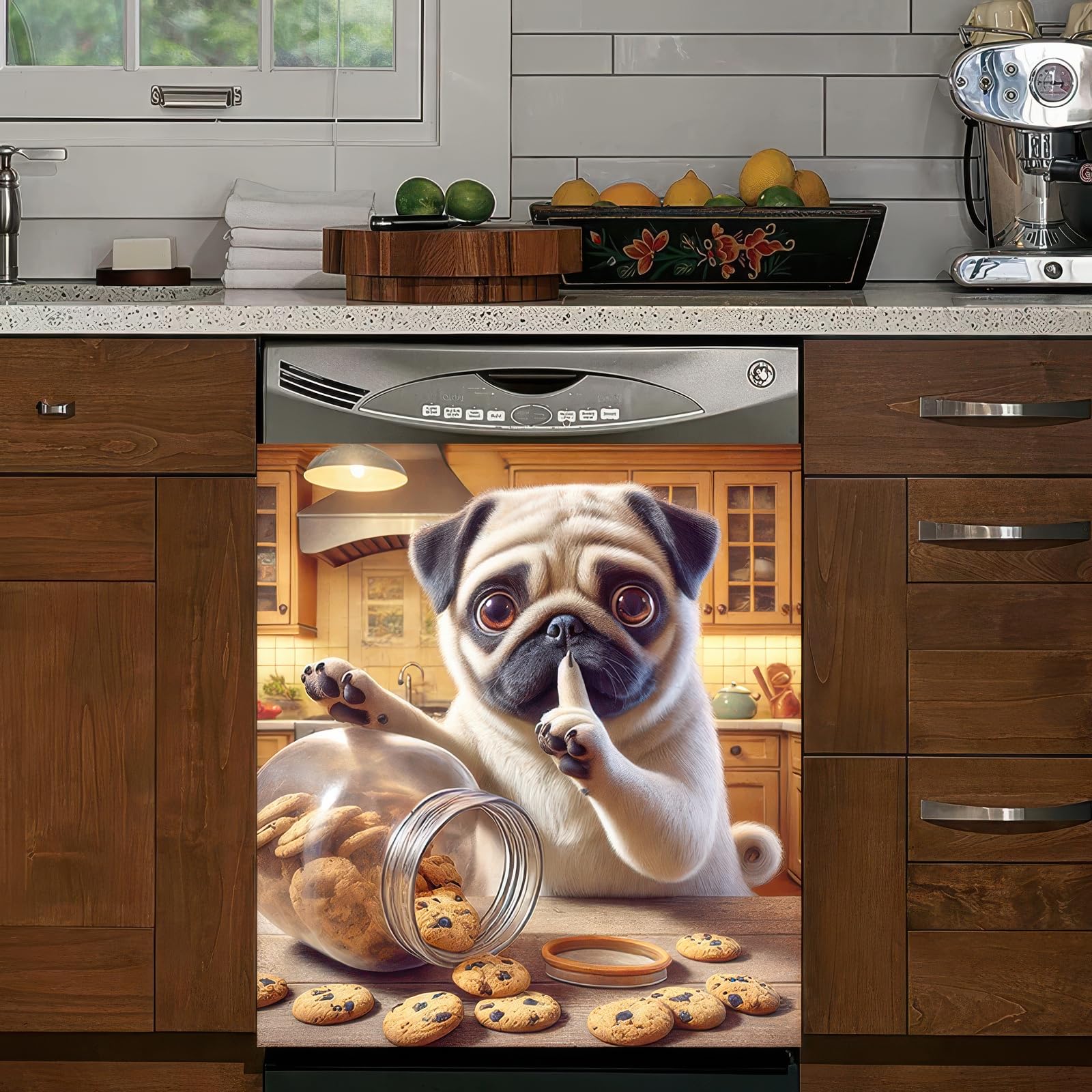 BlissYard Hunde-Geschirrspüler-Magnetabdeckung, 58 x 66 cm, lustiger Mops, Geschirrspüler-Magnetabdeckung, Aufkleber, magnetisch, Kühlschrank-Panel, Haustür, Waschmaschine, Kühlschrank, Mikrowelle