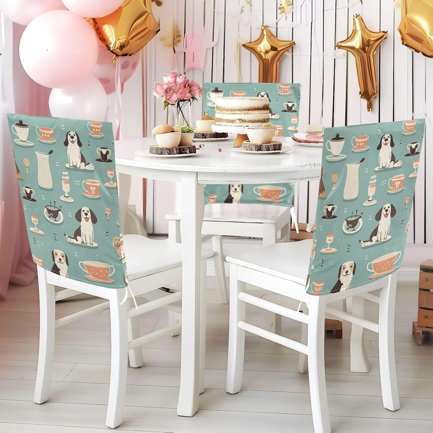ALAZA Coffee Cups and Dogs Chair Back Cover Set of 6, Washable Reusable Removable Chair Slipcovers Decorative Chair Cover for Home Kitchen Wedding Party