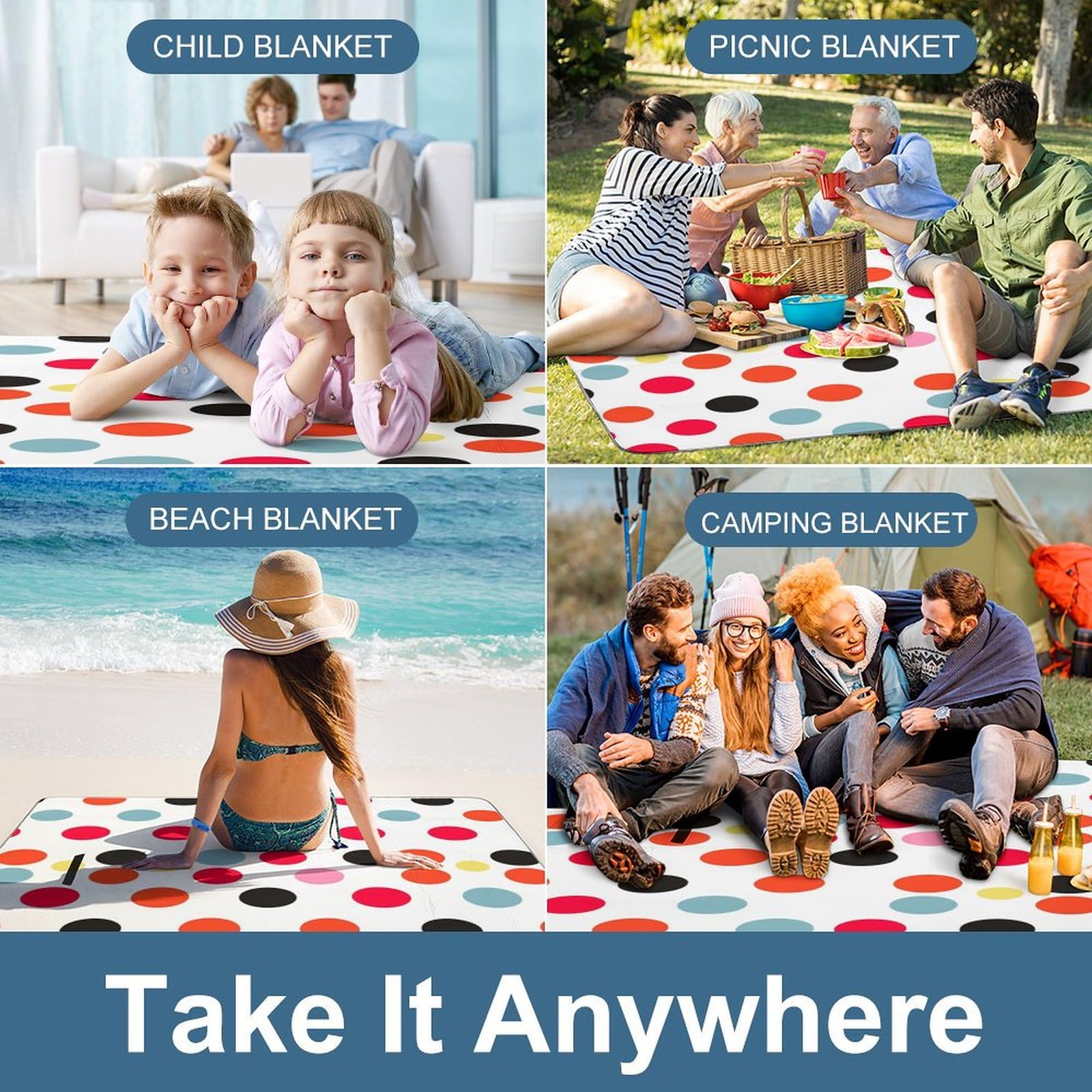 Coperta da picnic da spiaggia, coperta da picnic con stampa a pois, impermeabile, pieghevole, extra large, tappetino quadrato da picnic, per escursioni, viaggi, campeggio all'aperto, parchi