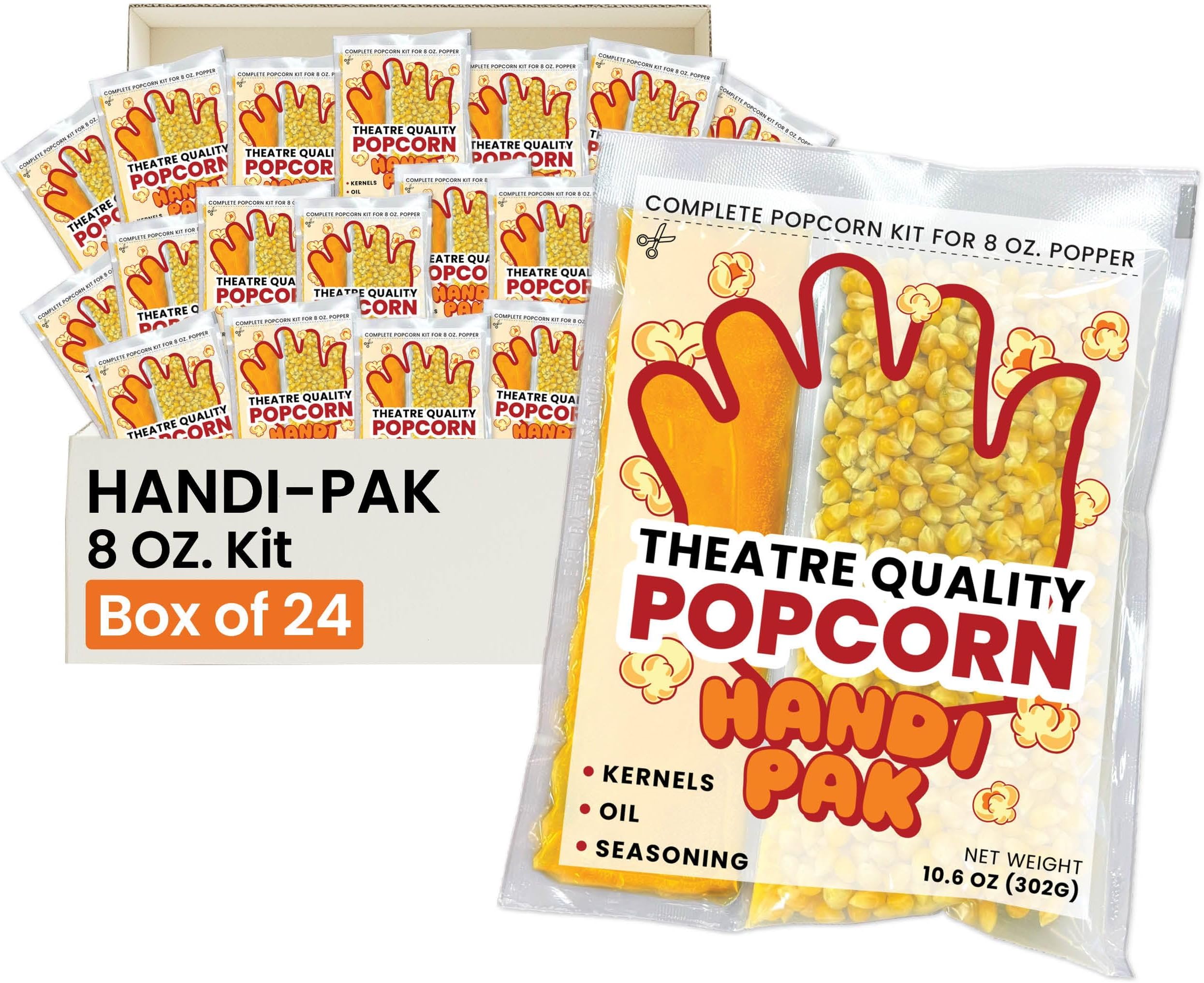 Handi-Pak Gourmet Popcorn Kit, 24 Pre-Portioned Packs for 8 oz Poppers, Popcorn Machine, Movie Theater Style, Butter Coconut Oil, Packet with Kernels & Seasoning