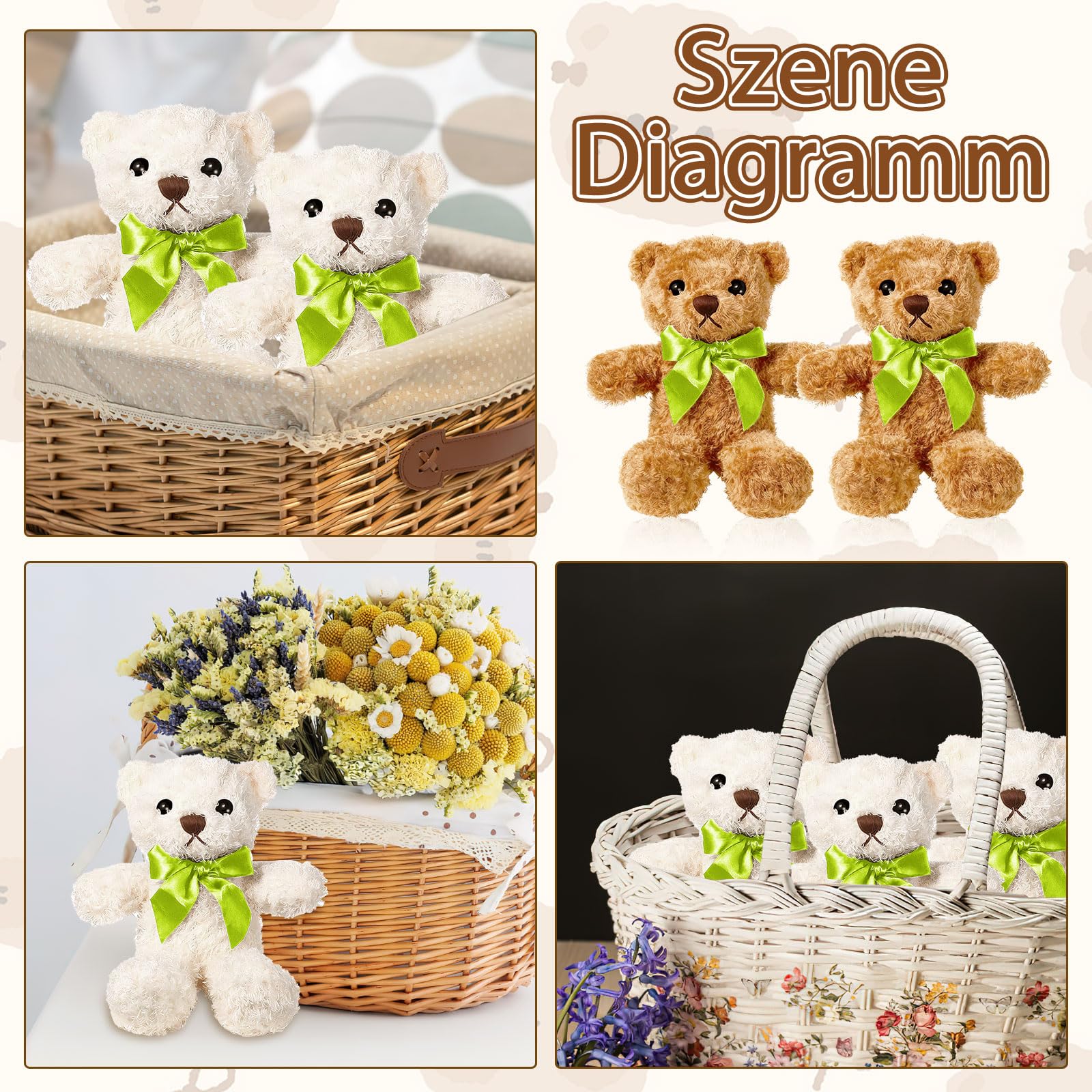 Juego de 16 osos de peluche de 25 cm, pequeños osos de peluche en color marrón claro y blanco con lazo, peluches suaves para abrazar, ideas de regalo y decoración de fiestas para cumpleaños
