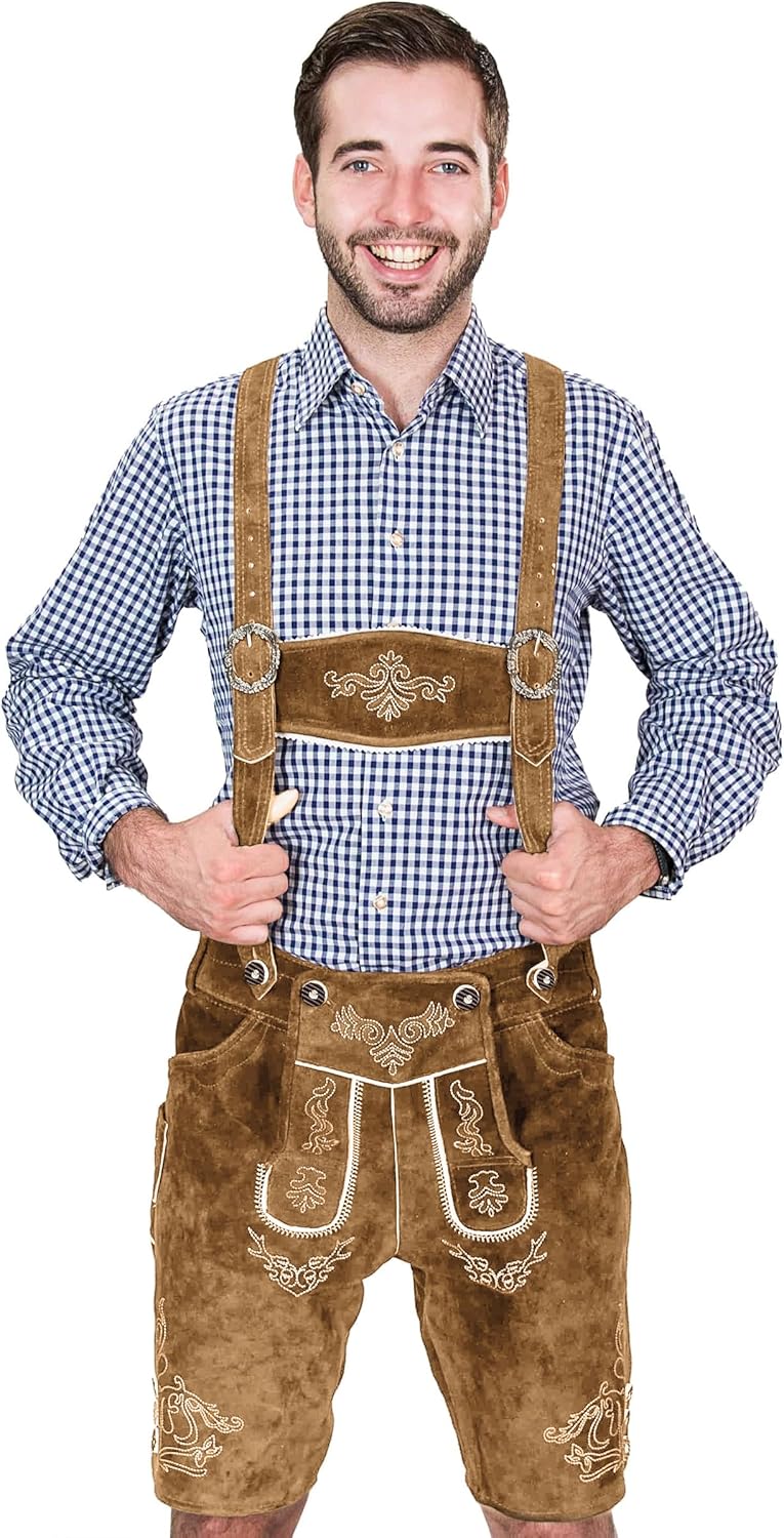 Speed4allkinds klederdrachtset voor heren, 5-delig, incl. Beierse lederhose, schouderbanden, overhemd, schoenen en sokken, echt leer, hoogwaardig klederdrachtset voor Oktoberfest, maat 46-62, bruin