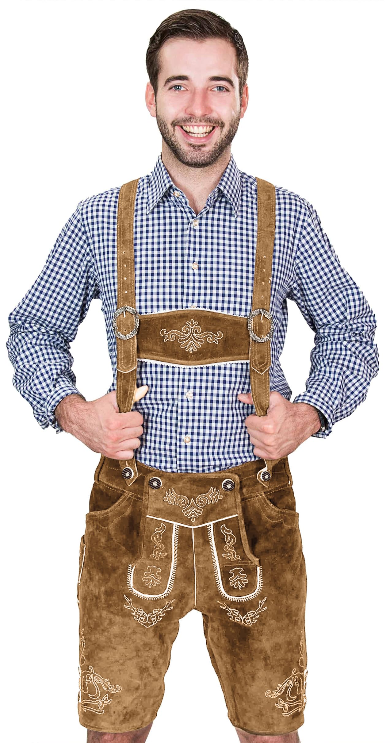 Bawarskie męskie spodnie skórzane krótkie, eleganckie spodnie ze skóry ludowej z ramiączkami, oryginalne w kolorze ciemnobrązowym/średniobrązowym, Oktoberfest, rozmiar 44-60