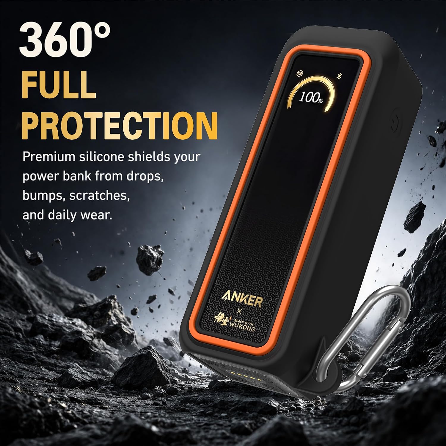 Silicone Case for Anker Prime Power Bank 20100mAh 220W Travel Protective Cover, Full-Body Shockproof | Compact | Tactile Grip | Impact Protect for Anker Power Bank 220W with Keychain (Black Orange) image 3