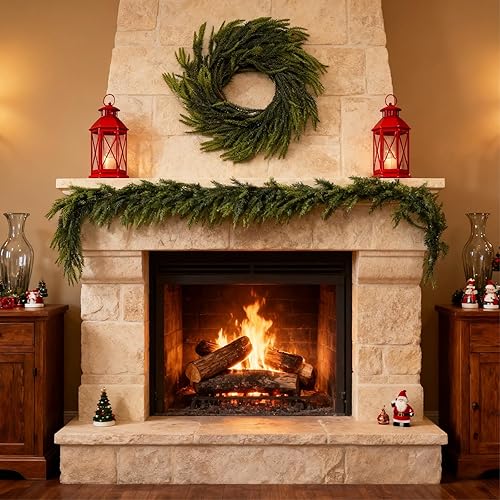 2 guirnaldas artificiales de pino Norfolk de 6 pies, guirnalda de Navidad de tacto real con 30 ramas, guirnalda de vegetación invernal para repisa
