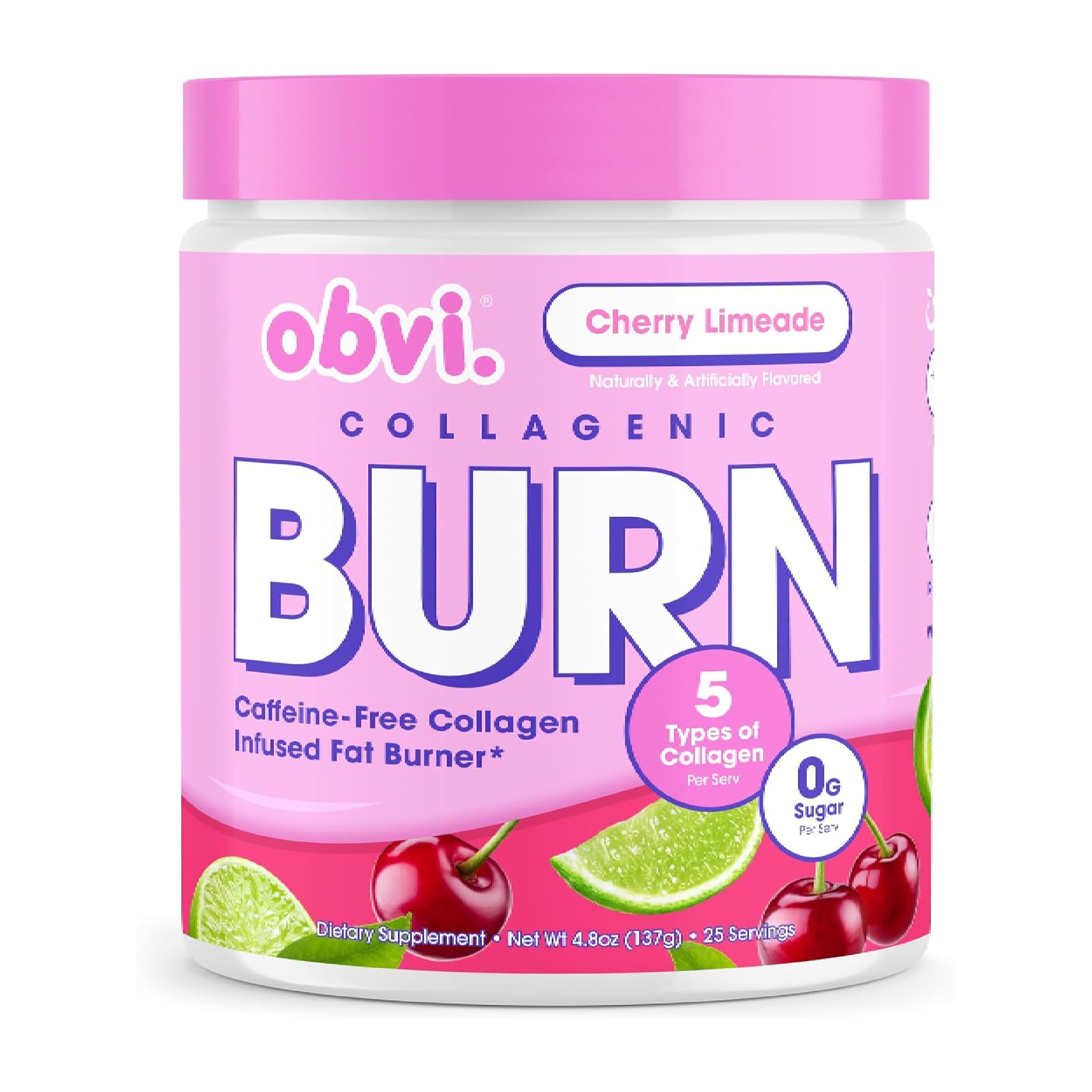 Obvi Collagenic Burn Powder | Collagen Peptide Blend with GBB, Ashwagandha & Green Coffee | Boosts Metabolism, Energy, and Wellness | Supports Skin, Hair, Nails, Joints | Cherry Limeade 25 Servings
