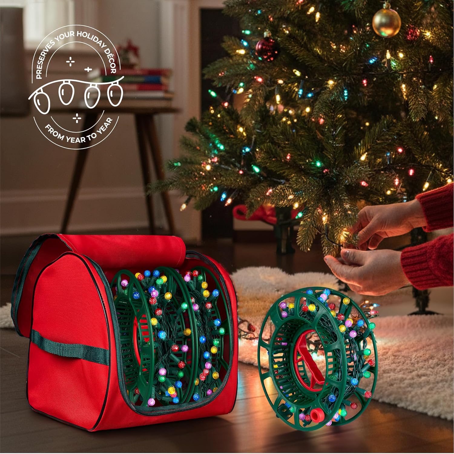 ZOBER Christmas Light Storage Reels - Christmas Light Organizer with 3 Plastic Wheels - 600D Oxford Fabric - Fits 200 Mini Lights per Spool, Lights Storage - Stitched Reinforced Handles - Red - Image 2