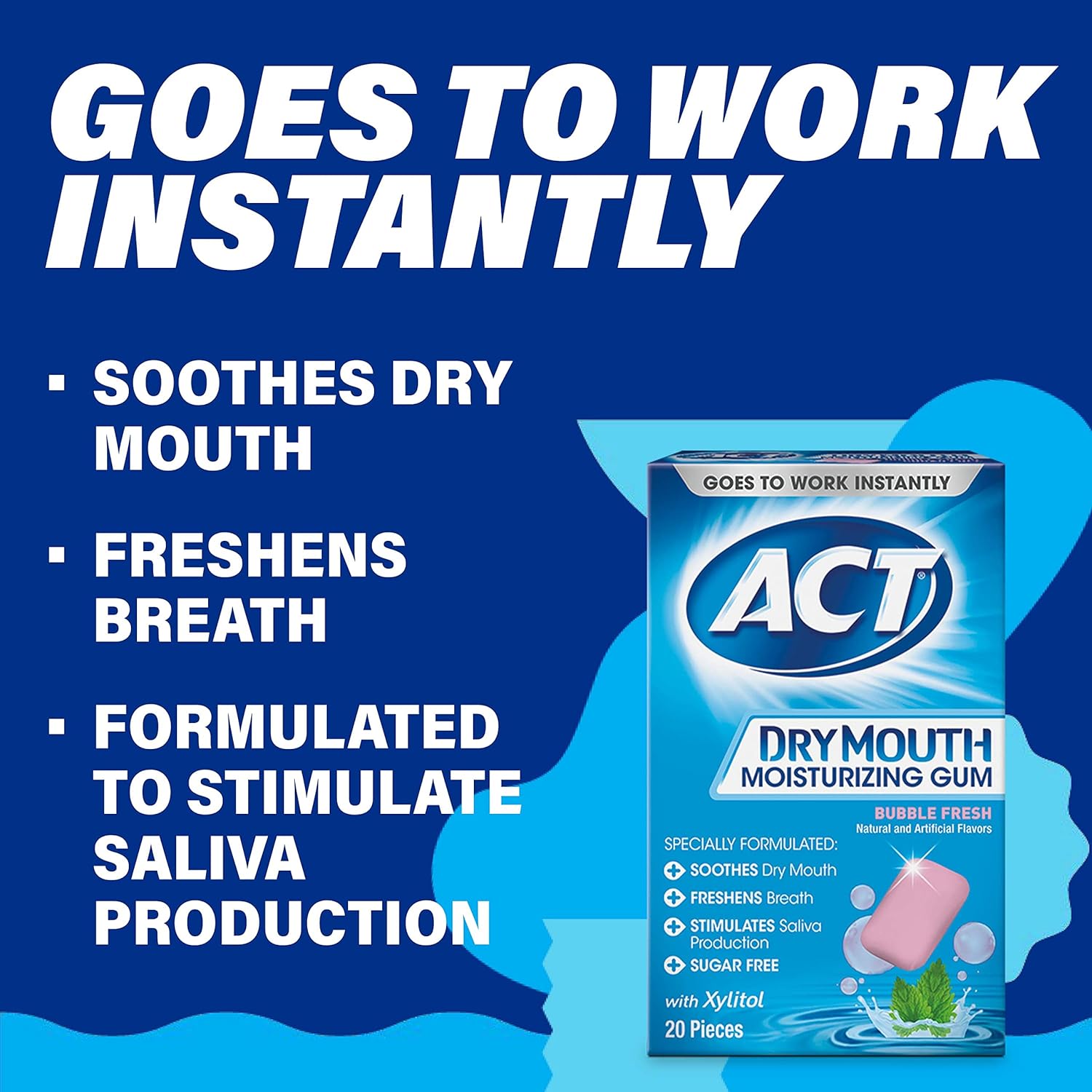 ACT Dry Mouth Moisturizing Gum with Xylitol, Sugar Free Bubble Fresh (20 Count) : Beauty & Personal Care