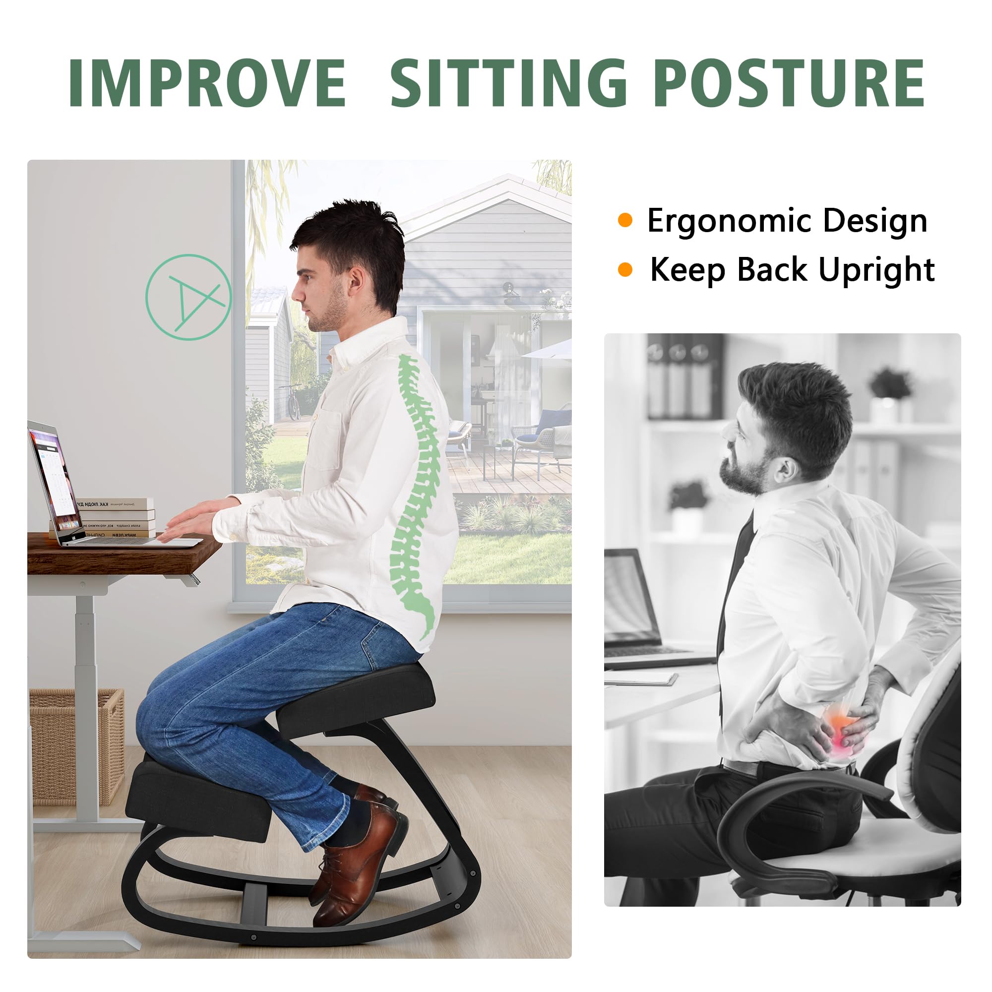Chaise genoux ergonomique en bois massif avec fonction bascule, assise et repose-genoux rembourrés fuirBuro, bureau à domicile et apprentissage, jusqu'à 100 kg