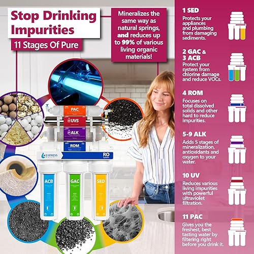 Miniatura 3 de Express Water ROALKUV10M Sistema de filtro de agua para el hogar 11 etapas UV ultravioleta  alcalino  filtro de membrana de ósmosis inversa 100 GPD