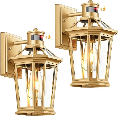 VIANIS Farol de pared para exteriores, paquete de 2 luces doradas con sensor de movimiento, luces exteriores resistentes al anochecer al amanecer,