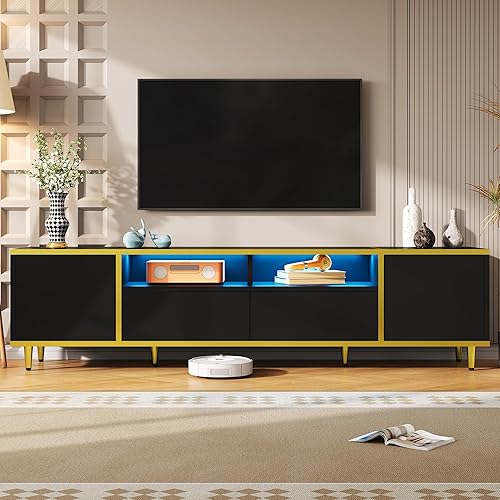 71" LED Lights TV Stand, Entertainment Center with Anti-Tip Device, TV Media Console with Golden Strips for Living Room, Black