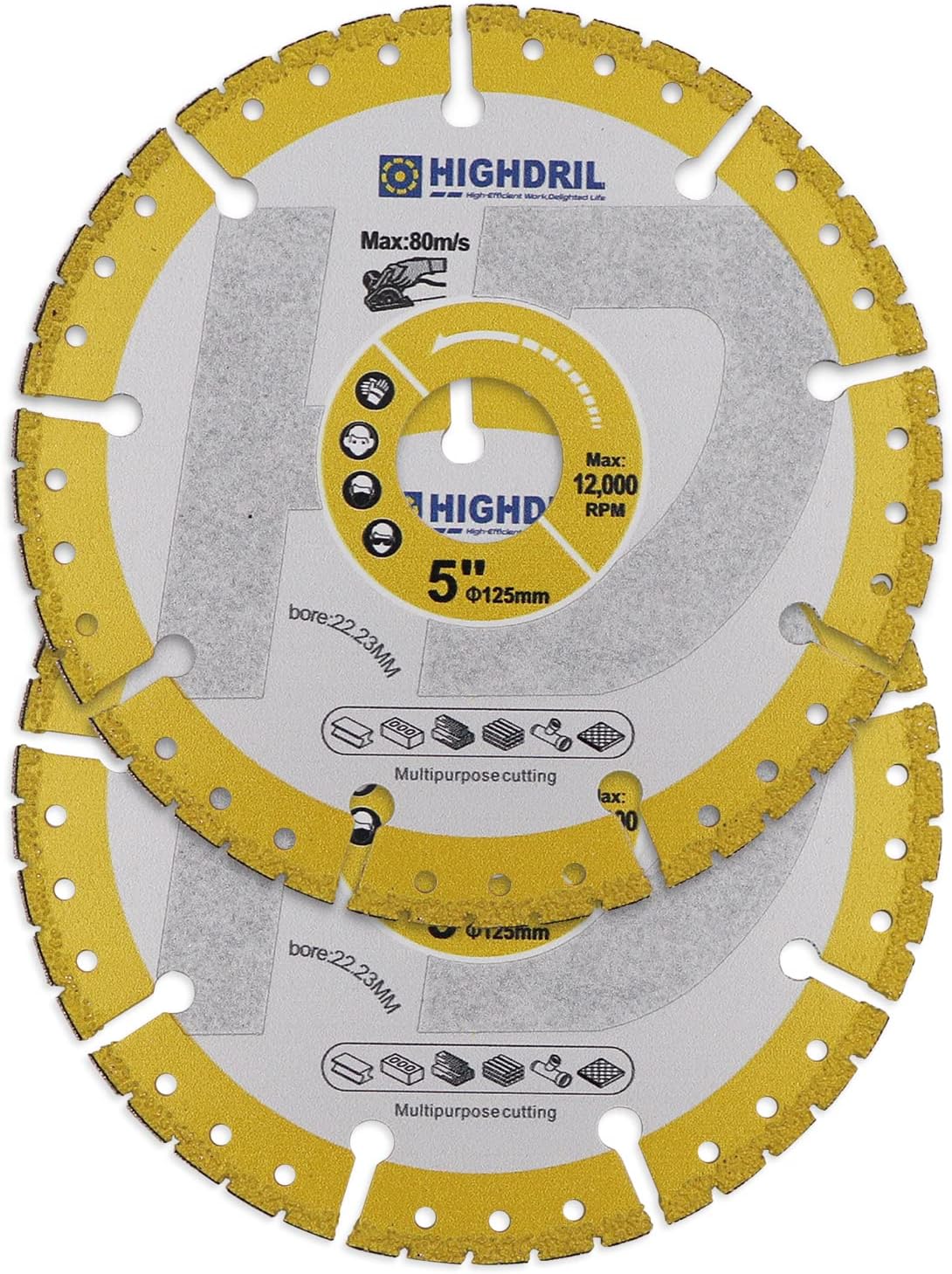 HIGHDRIL Diamond Metal Cutting Blade,2pcs 5 inch/125mm Heavy Duty All-Purpose Cutting/Grinding for Rebar Sheet Metal Angle Iron Stainless Steel