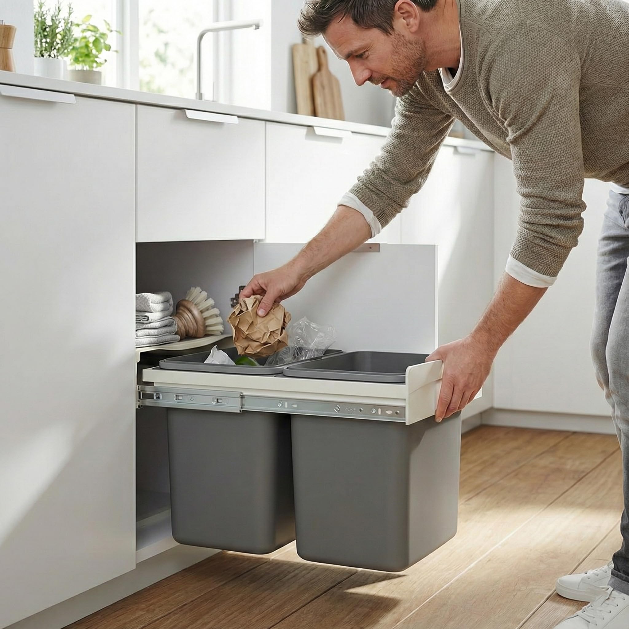 Einbau-Mülltrennsystem für 45 cm Unterschrank Müllauszug System mit Griff und Metallschienen Vollauszug zur Müllsortierung 2-fach Abfalltrennung (2x 20L), 41,4 x 50,5 x 45 cm