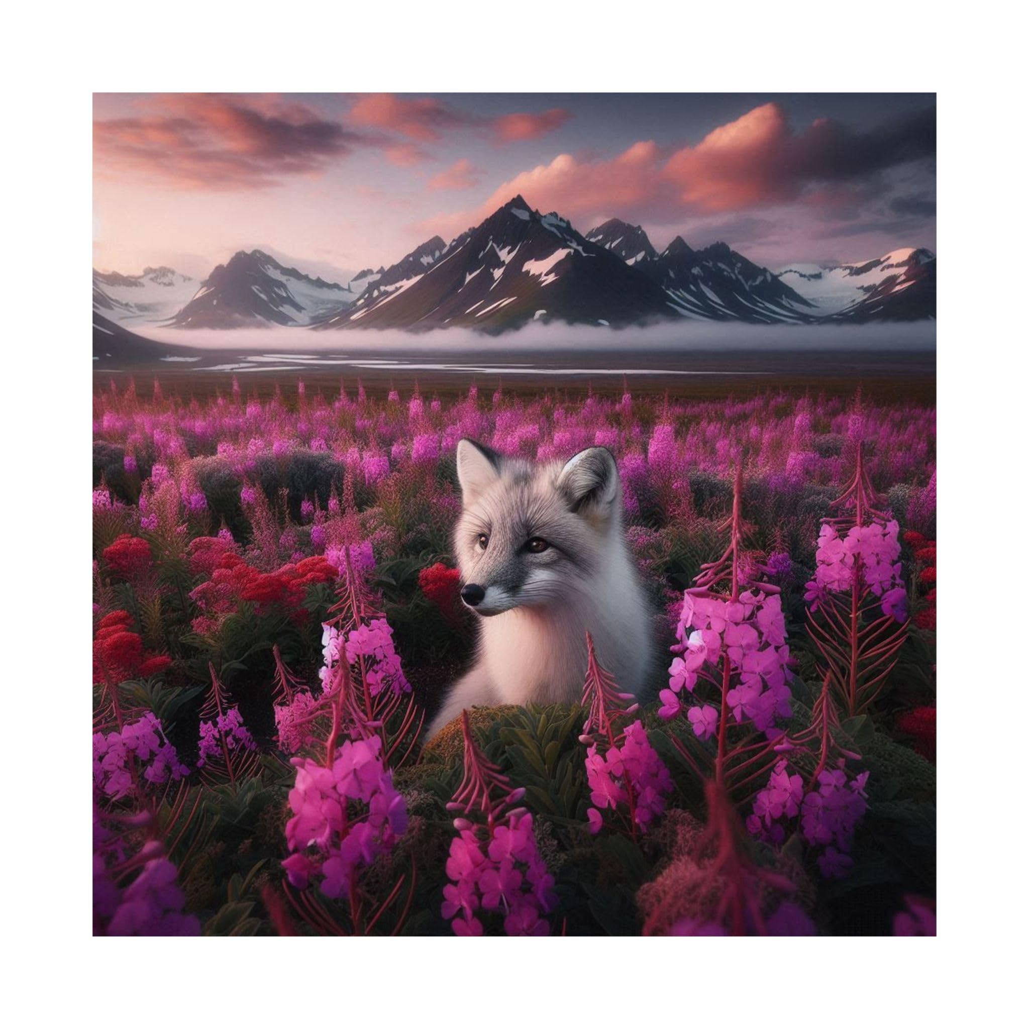Fireweed and Arctic Fox in Tundra Areas in Alaska - Made in USA - 18x18 Inch Matte Poster