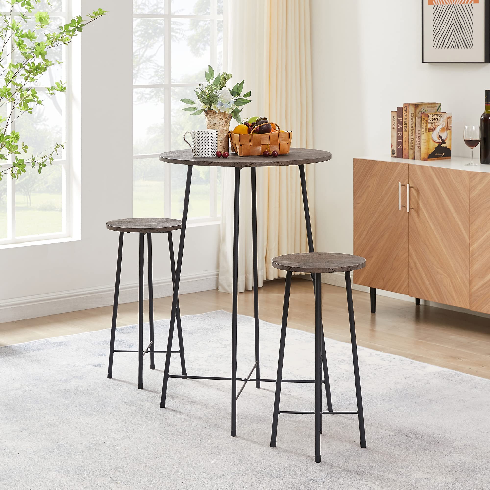 VECELO 23.6" Round Bar Table, Modern Bistro Pub Dining Room Furniture, Counter Height Wood Top for Breakfast Dinner Nap Conference, Easy Assembly, Coffee