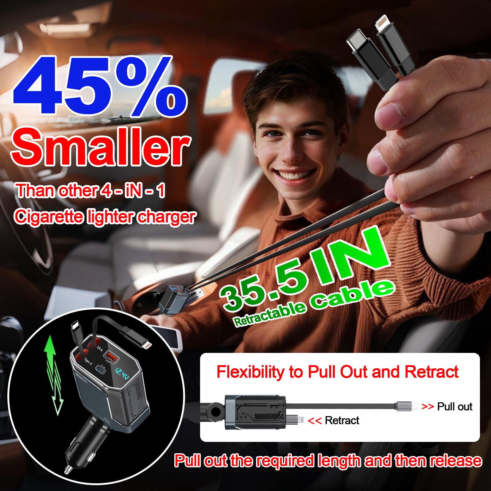 Retractable Car Charger Adapter,4 in 1 Fast Charging Car Adapter,85W USB C Truck Accessories,Voltage Display, Gifts for Women Men,Compatible with iPhone 16 15 14 13 12 Pro Max Plus,Galaxy,Pixel