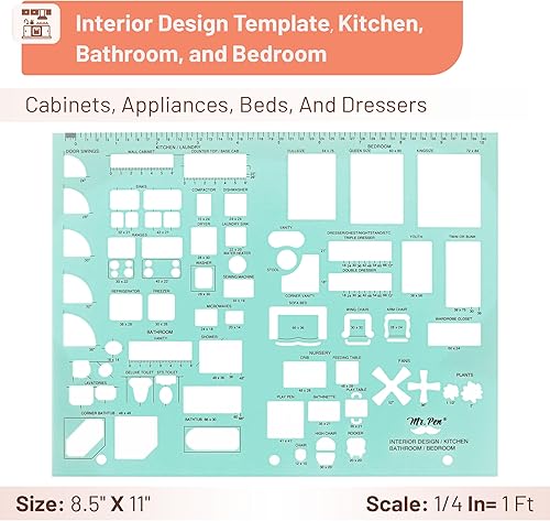 Miniatura 4 de Mr. Pen - Plan de casa, paquete de 3, verde, plantillas de diseño de interiores y muebles, herramientas de dibujo y formas de reglas para