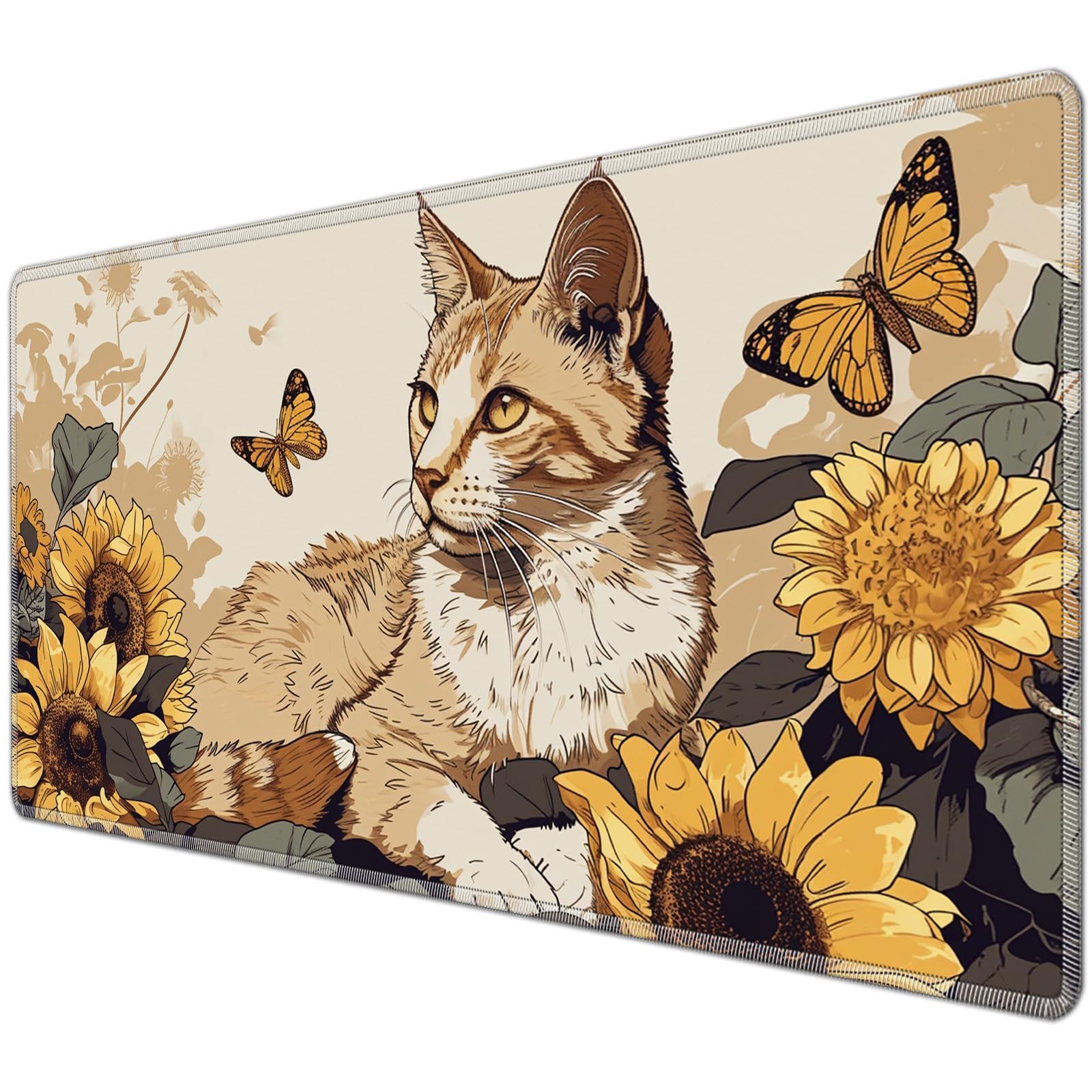 JANENFNA TCG Playmat Desk Mats 24 x 14 inches Mousepad Compatible for MTG Trading Card Game Play Mats Smooth Rubber Surface Original Magic The Gathering Play Mat, White Cat