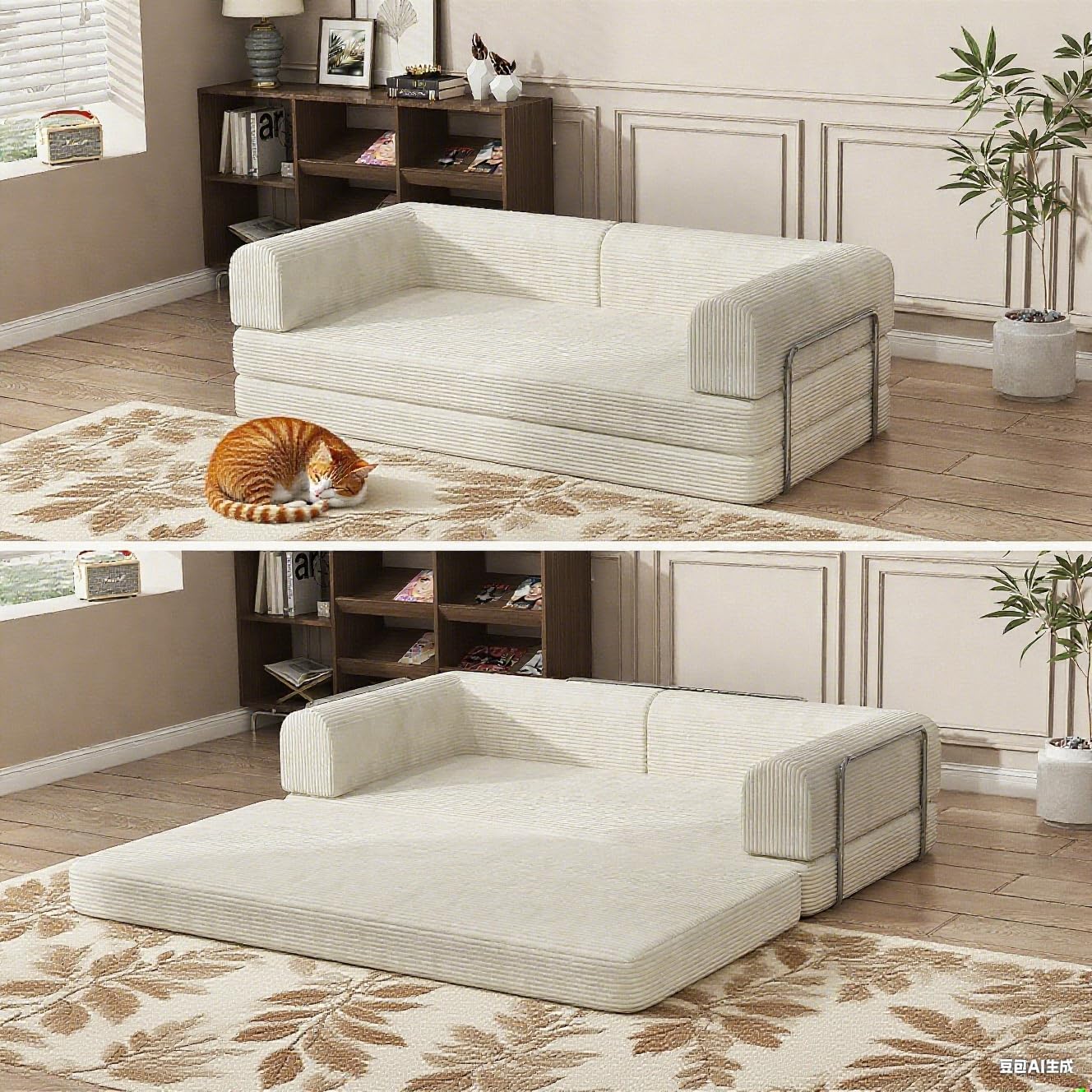 Convertible Corduroy Sleeper Sofa Bed,Folding Mattress Couch with Fixed-Shape Frame, 3 Seater Fold Out King Size Futon,No Assembly Floor Couch for Living Room Dorm Studio 78.7*39.4*29.6 in Black