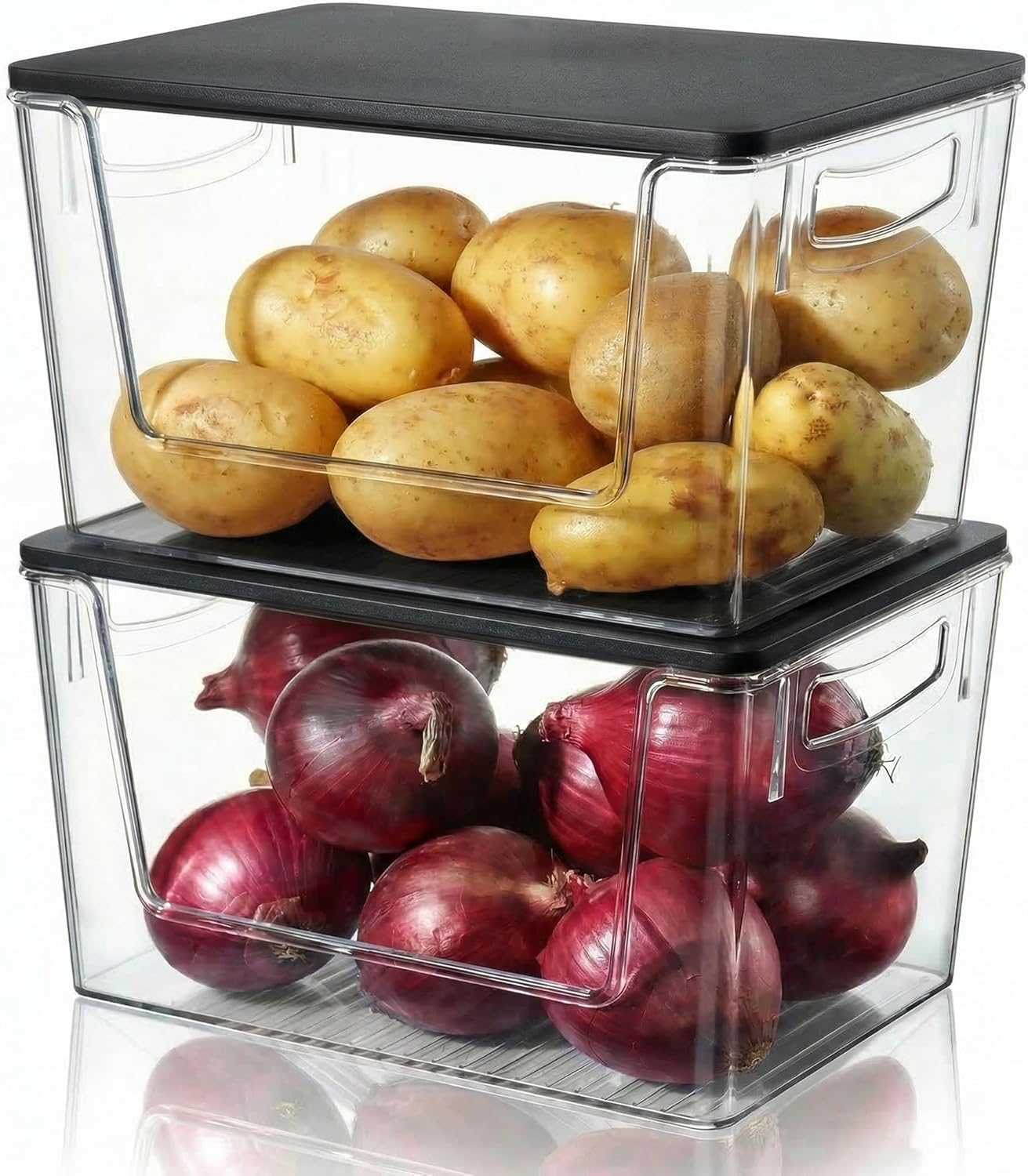 Pantry Organizers Storage, Under Sink Organizer Trash Bag Holder with Bamboo Lids Large Capacity Clear Storage Bins for Onion, Potato, Garlic, Canned Food Kitchen Countertop Organizer (Black lid)