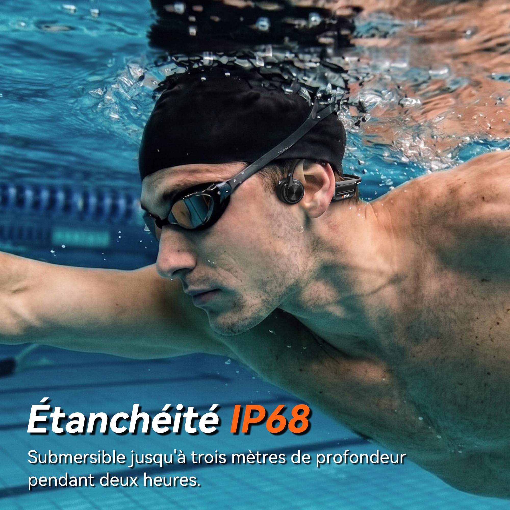 Wantek Casque Conduction Osseuse Natation IP68 Étanche, Casque Bluetooth 5.3 avec Lecteur MP3 32 Go Intégré, Casque Sport Open Ear sans Fil, 8H d'Autonomie pour Natation, Running, Vélo et Fitness