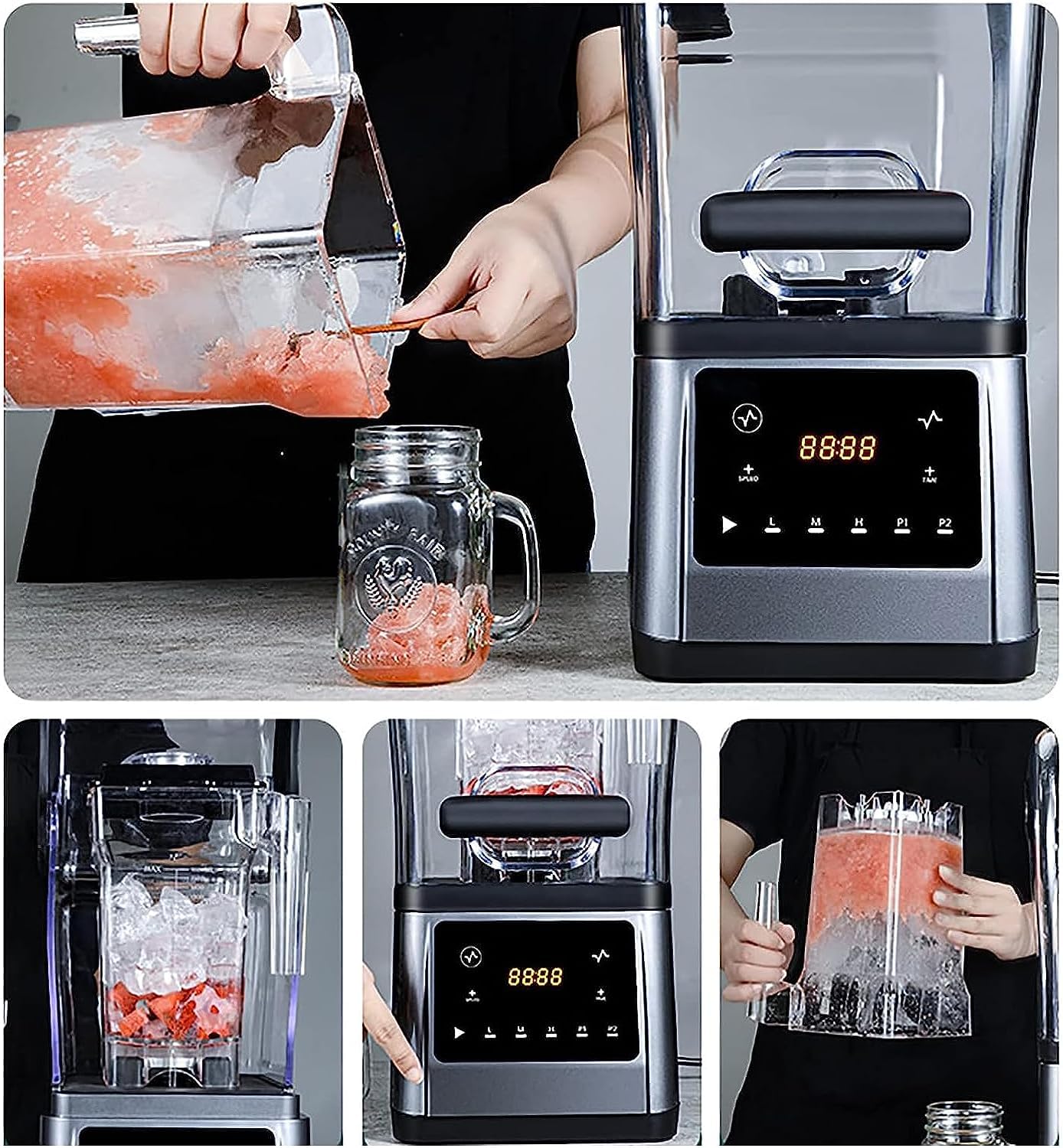 Piaskowa Maszyna Do Lodu, 1,6-litrowy Mikser Do Smoothie Z Wyciszonym Kapturem, Pionowe Sześciolistne Ostrze, Regulowana Prędkość, 5 Funkcji Ustawień Wstępnych, Do Kuchni Mleko Herbata Kawa Deser
