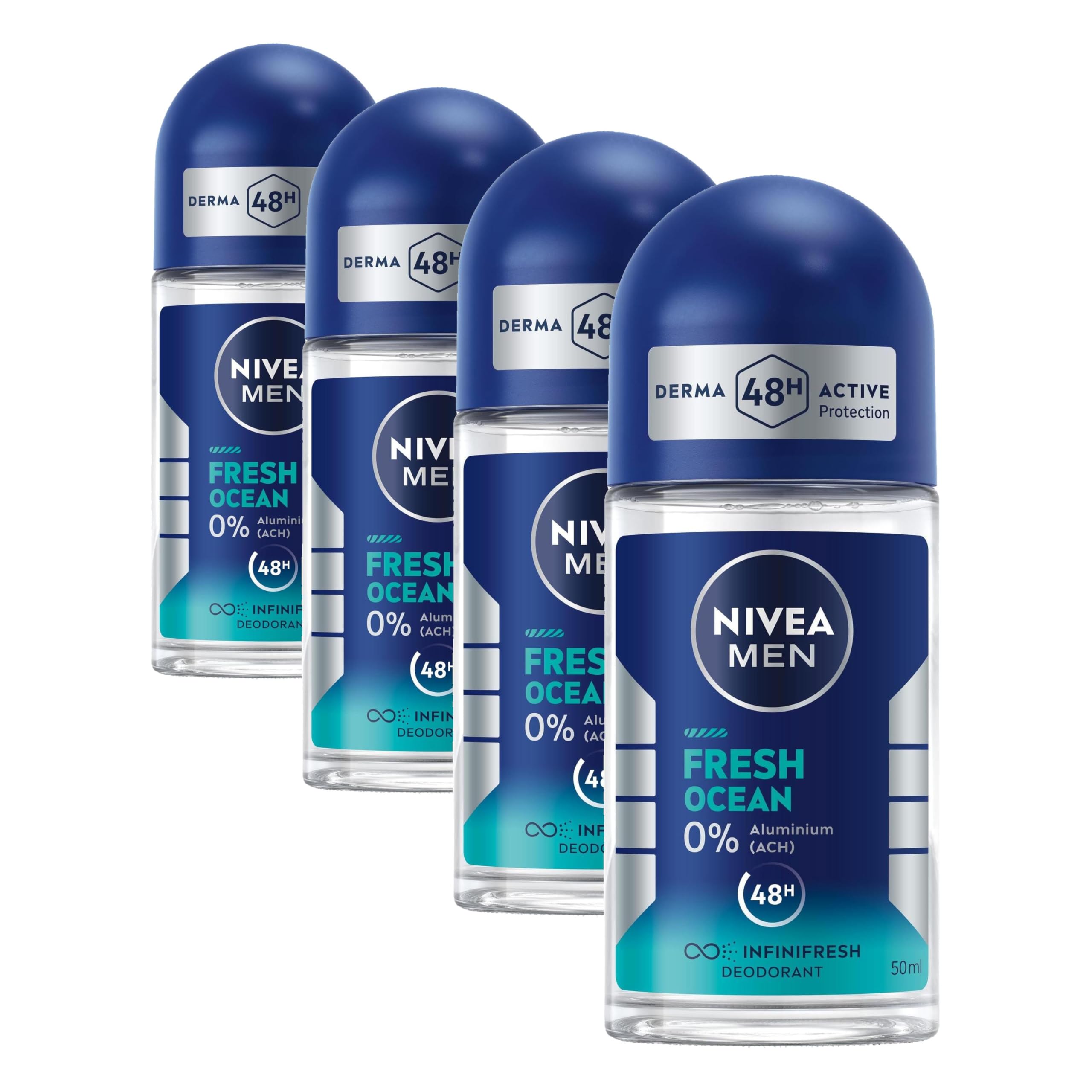 NIVEA MEN Fresh Ocean Roll-On, deodorante roll-on senza alluminio (ACH) con protezione 48h, deodorante nutriente con formula INFINIFRESH e fresco profumo di mare (50 ml)