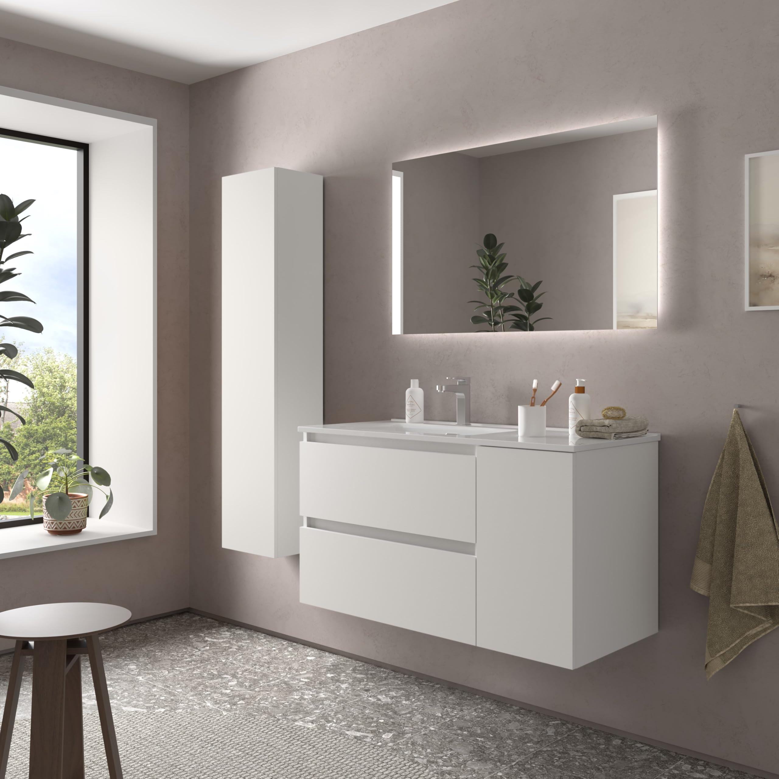Salgar Mueble de Baño Bequia 90cm + Coqueta 1 Puerta Derecha + Lavabo cerámica | Blanco Mate |90x45x56