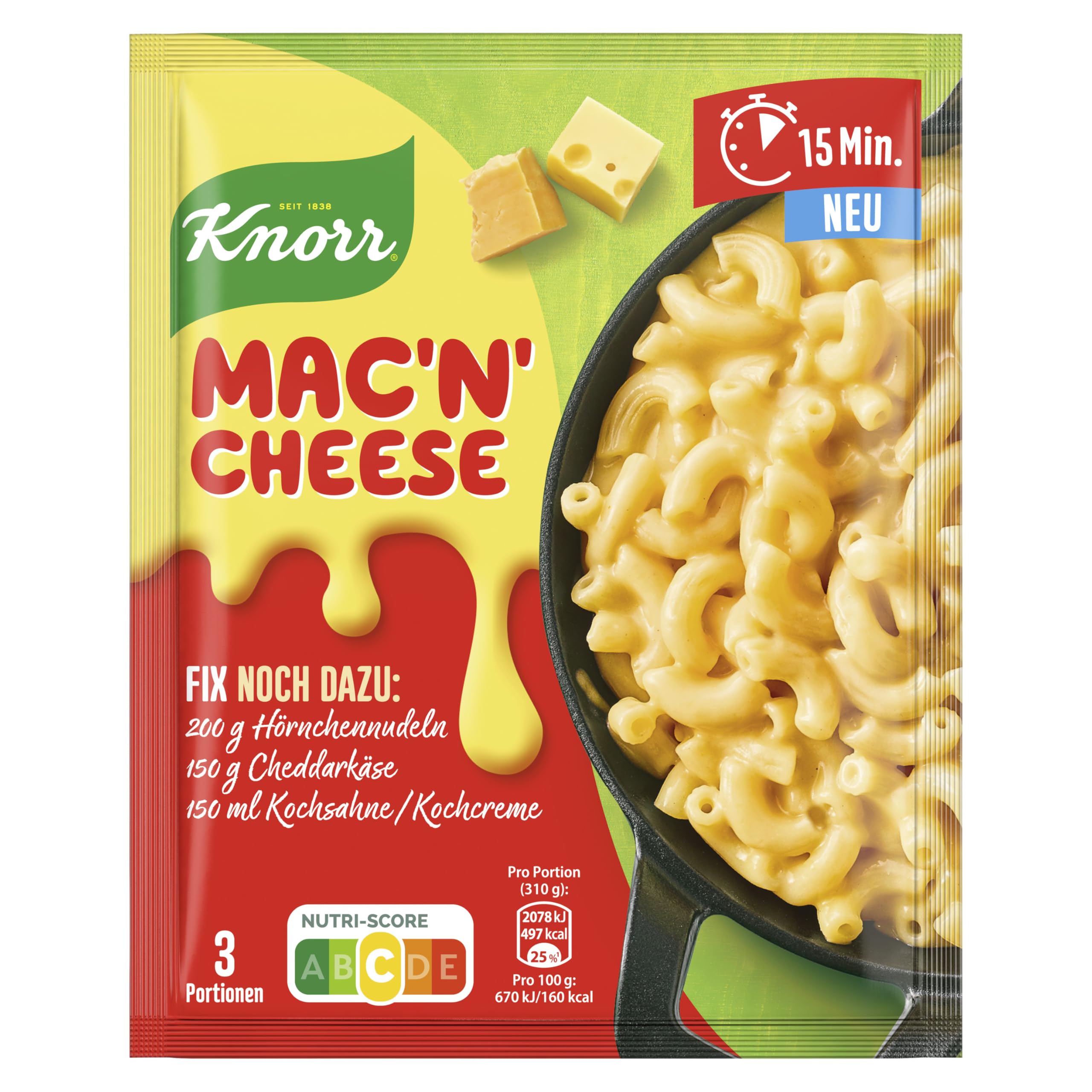 Knorr Fix Würzmischung Mac'n' Cheese(Makkaroni in Käsesauce)für eine leckere Pasta ohne geschmacksverstärkende Zusatzstoffe 3 Portionen