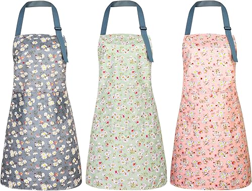 3 delantales florales Little Daisy, delantal impermeable para mujeres con bolsillos, delantal de cocina, delantal ajustable, delantal de chef suave