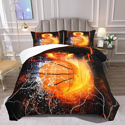 Juego de ropa de cama de baloncesto de tamaño matrimonial, edredón de microfibra suave + 2 fundas de almohada, estampado de fuego para decoración de